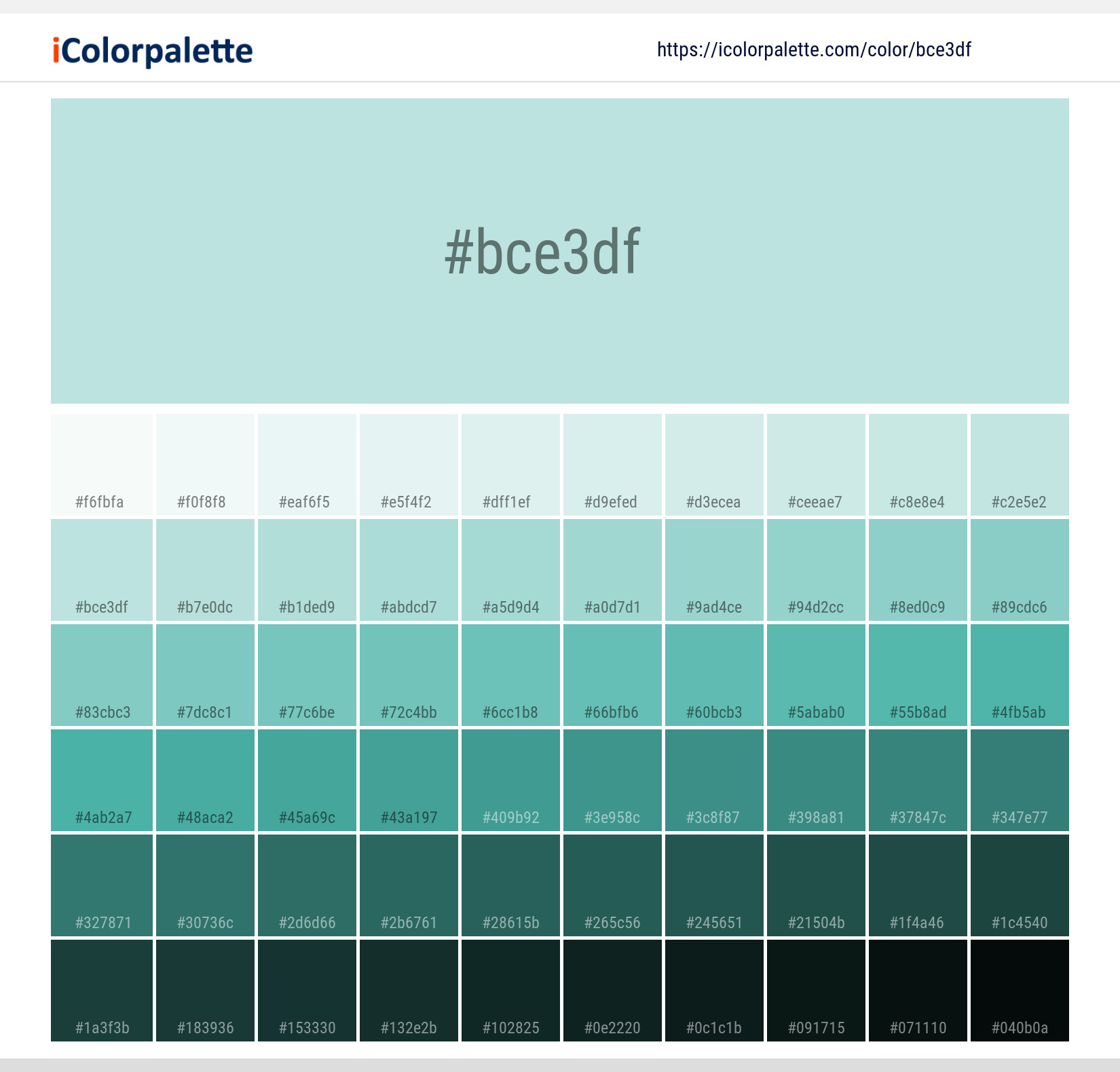Explore a full range of light and dark shades for Pantone 12-5410 Tcx Bleached Aqua Color | Hex color Code #bce3df. Perfect for finding the exact tint or tone for your artwork or UI design. #colorshades #colorinspiration #webdesign #bce3df
