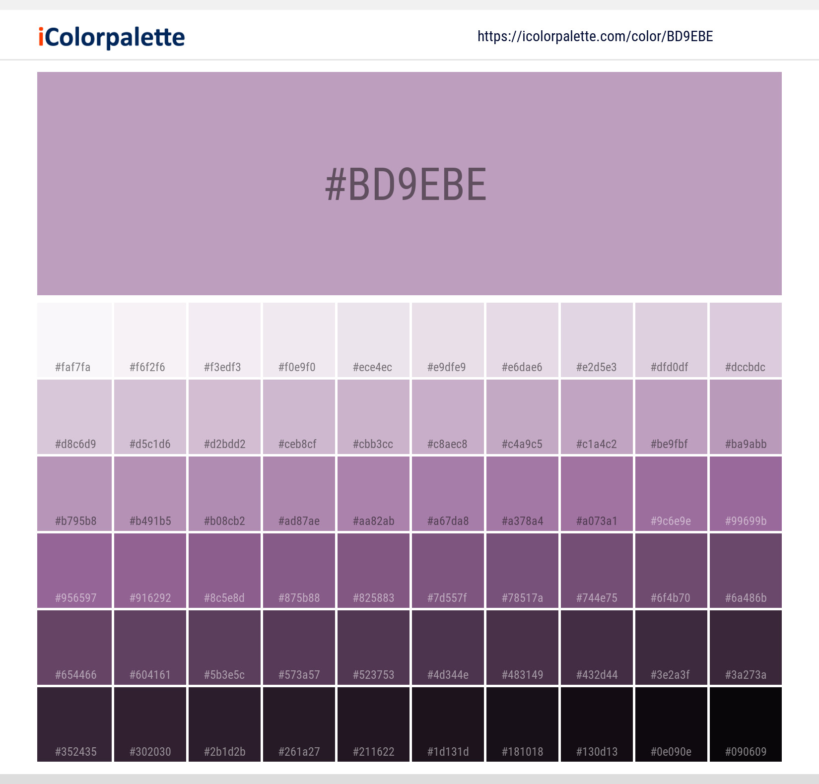 Explore a full range of light and dark shades for Pantone P 88-11 C Color | Hex color Code #bd9ebe. Perfect for finding the exact tint or tone for your artwork or UI design. #colorshades #colorinspiration #webdesign #bd9ebe