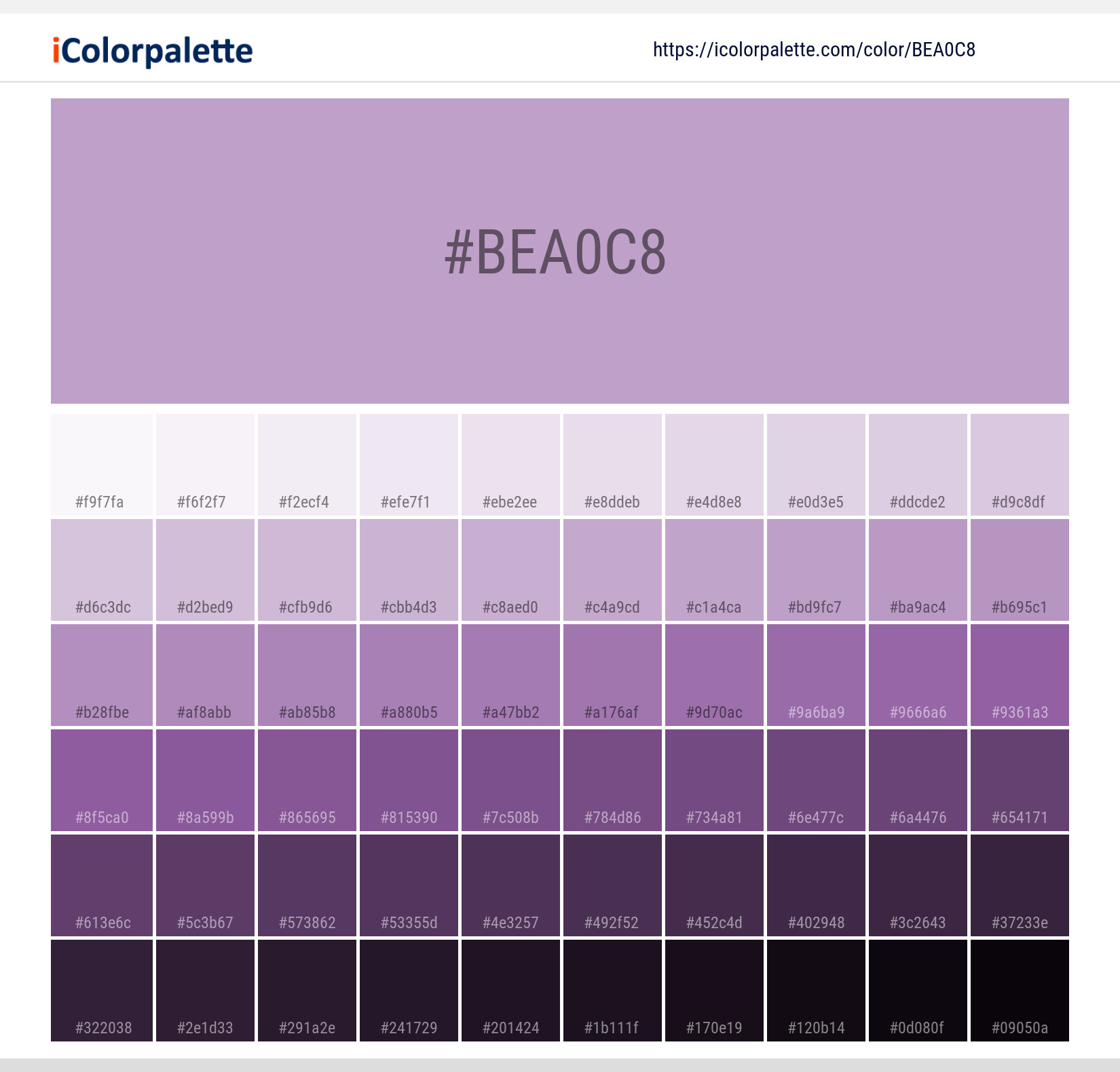 Explore a full range of light and dark shades for Pantone 16-3521 Tpx Lupine Color | Hex color Code #bea0c8. Perfect for finding the exact tint or tone for your artwork or UI design. #colorshades #colorinspiration #webdesign #bea0c8