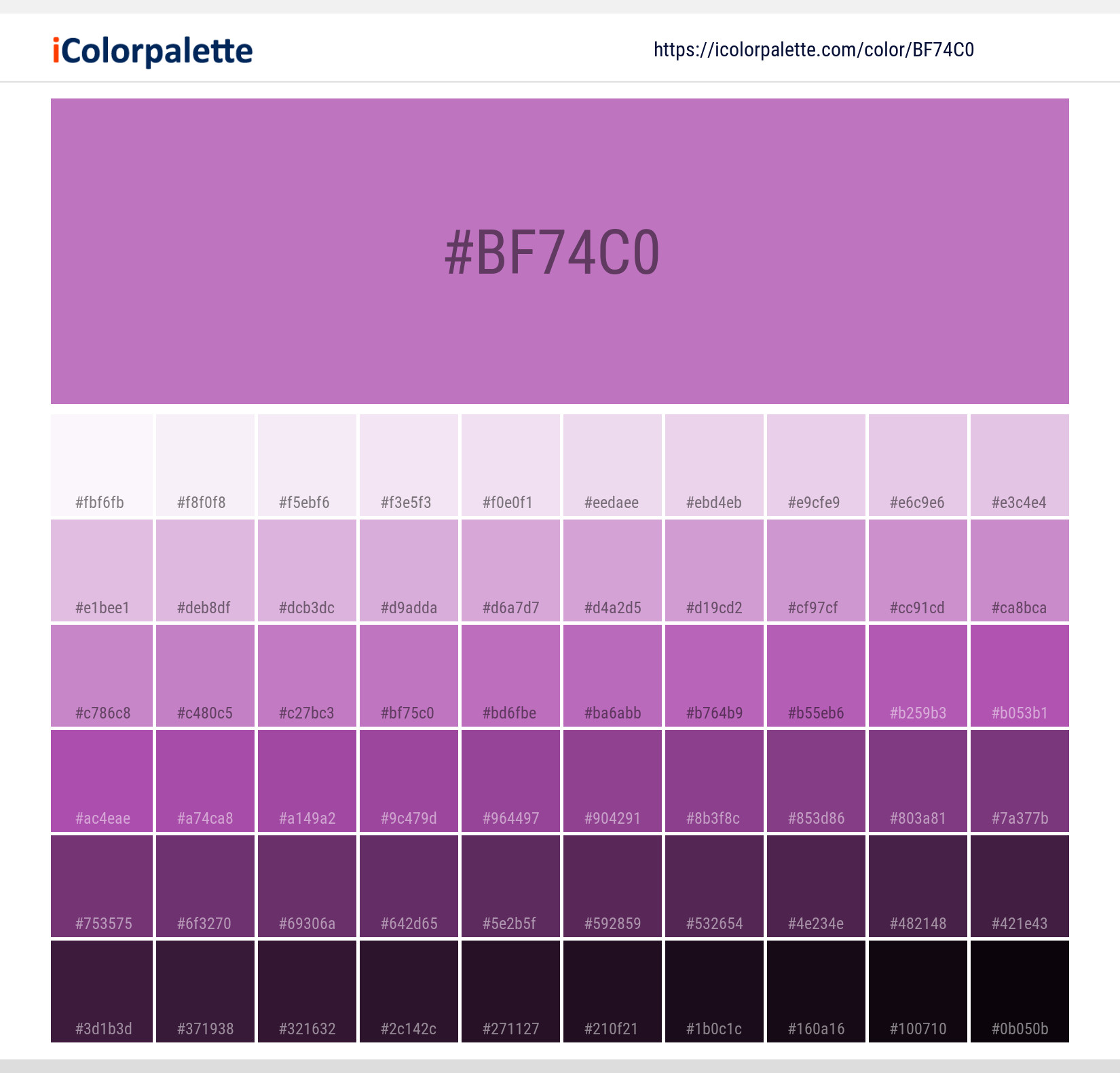 Explore a full range of light and dark shades for Pantone 2067 U Color | Hex color Code #bf74c0. Perfect for finding the exact tint or tone for your artwork or UI design. #colorshades #colorinspiration #webdesign #bf74c0