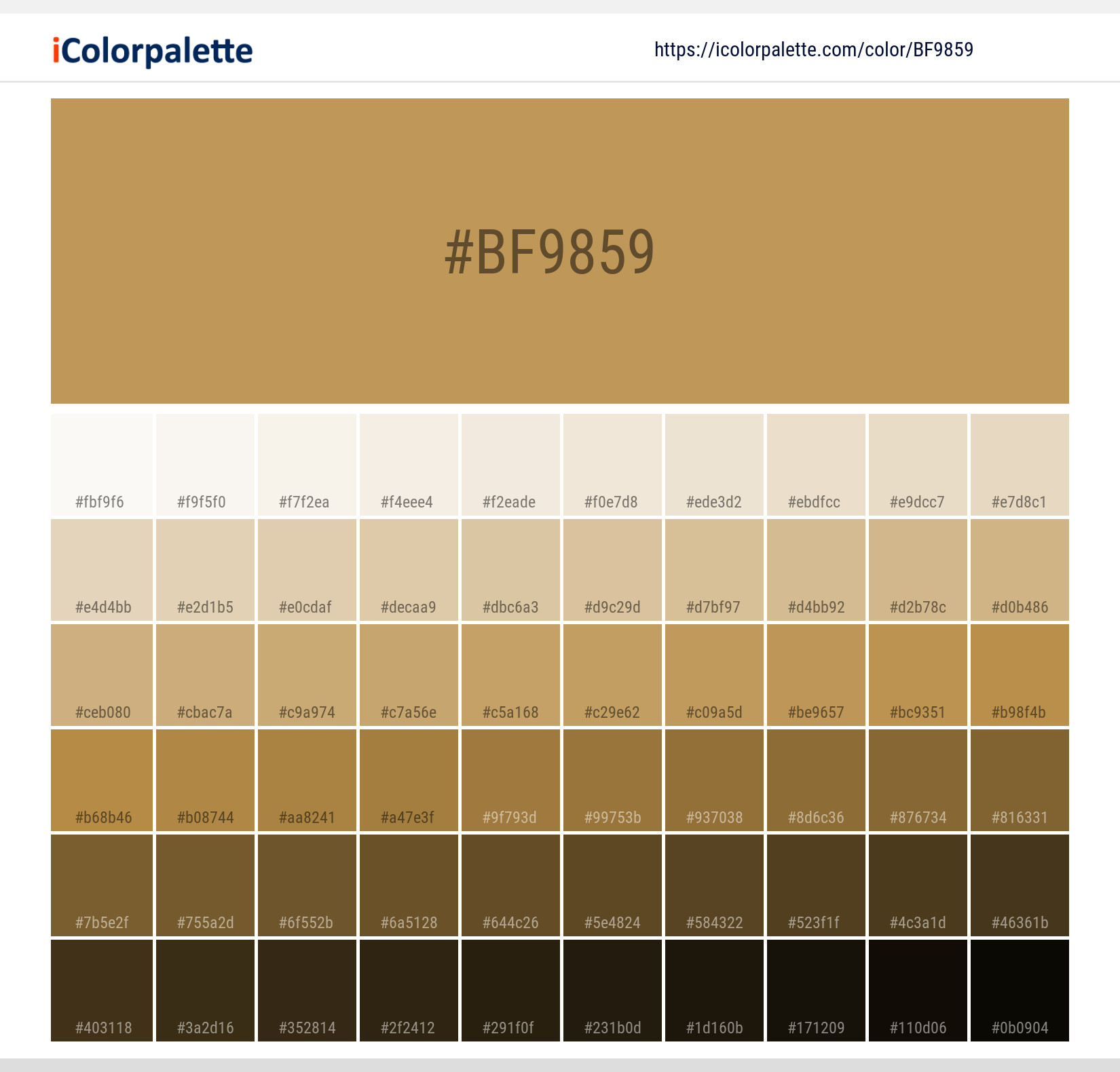 Explore a full range of light and dark shades for Pantone P 18-13 C Color | Hex color Code #bf9859. Perfect for finding the exact tint or tone for your artwork or UI design. #colorshades #colorinspiration #webdesign #bf9859