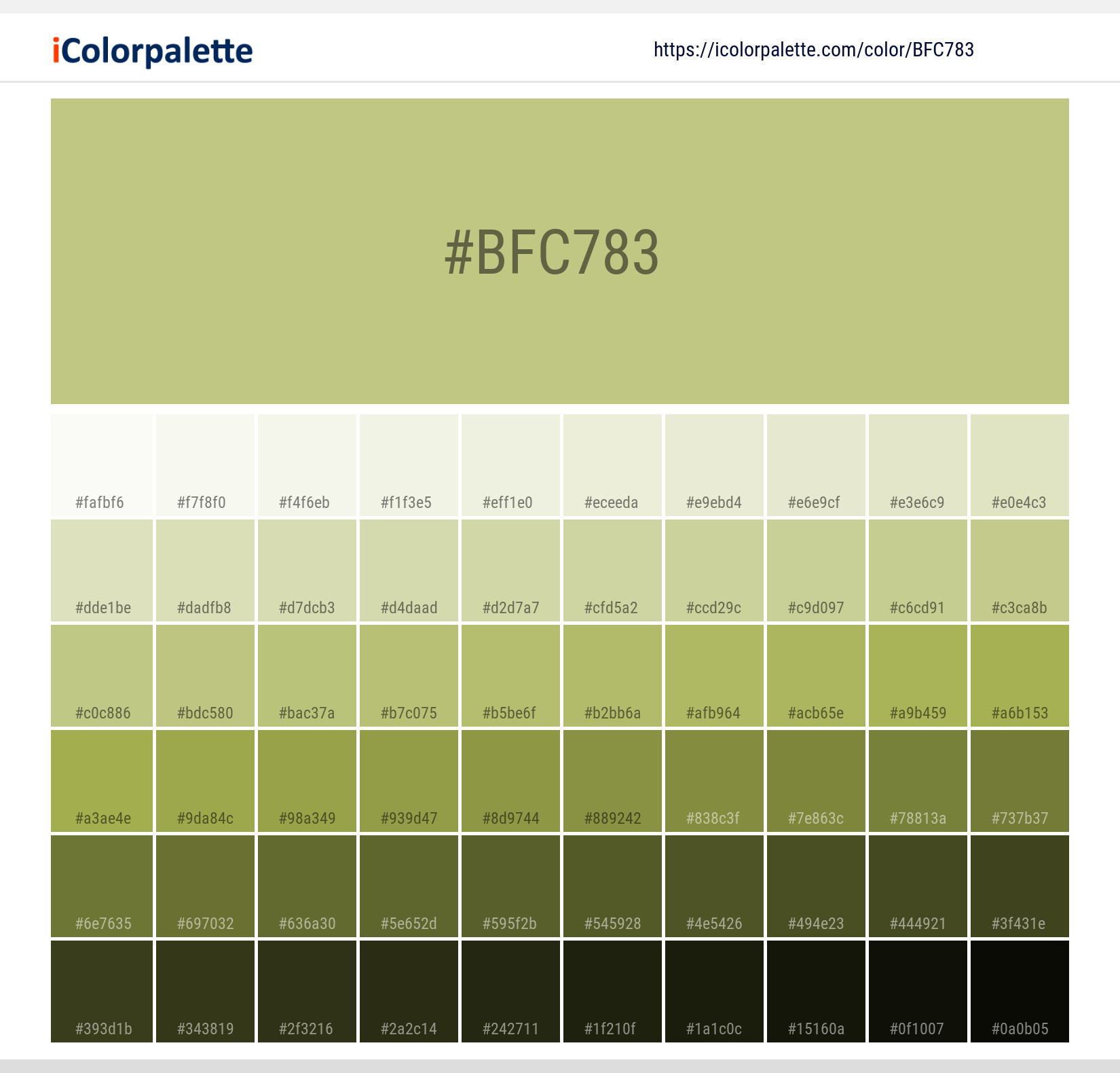 Explore a full range of light and dark shades for Pantone P 161-4 U Color | Hex color Code #bfc783. Perfect for finding the exact tint or tone for your artwork or UI design. #colorshades #colorinspiration #webdesign #bfc783