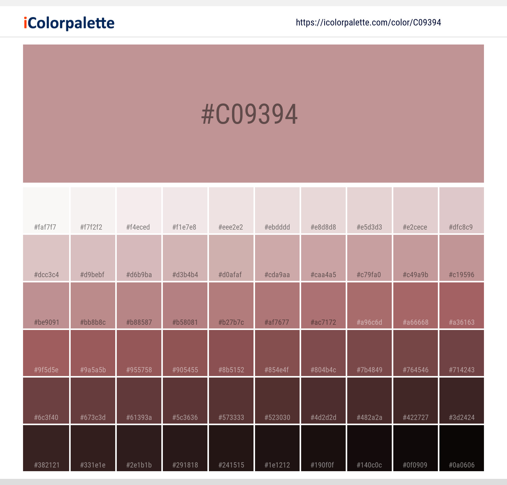 Explore a full range of light and dark shades for Pantone P 64-11 C Color | Hex color Code #c09394. Perfect for finding the exact tint or tone for your artwork or UI design. #colorshades #colorinspiration #webdesign #c09394