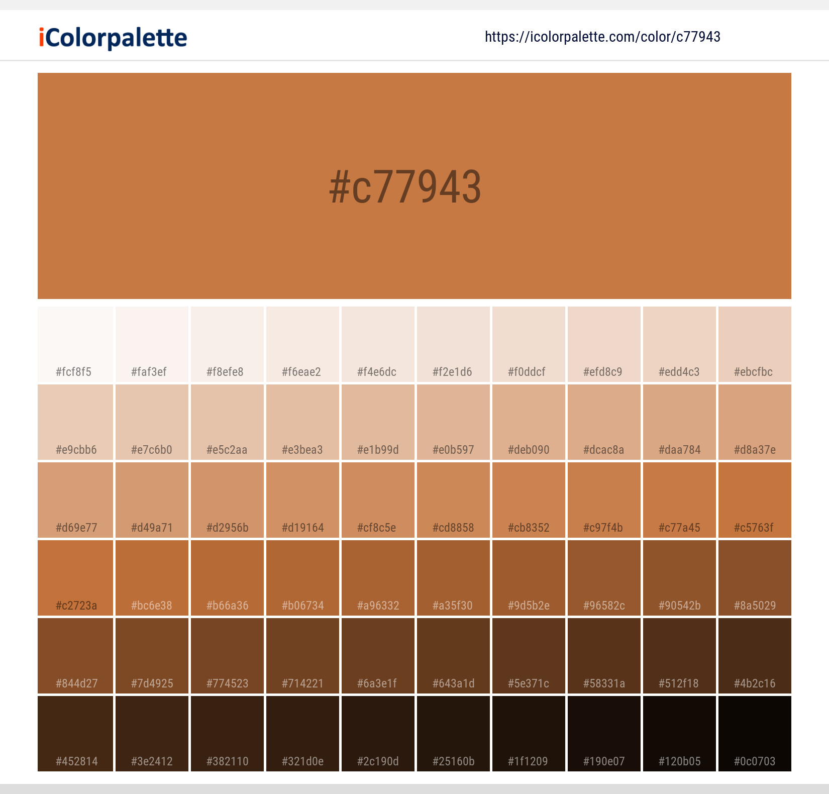 Explore a full range of light and dark shades for Pantone 16-1346 Tcx Golden Ochre Color | Hex color Code #c77943. Perfect for finding the exact tint or tone for your artwork or UI design. #colorshades #colorinspiration #webdesign #c77943