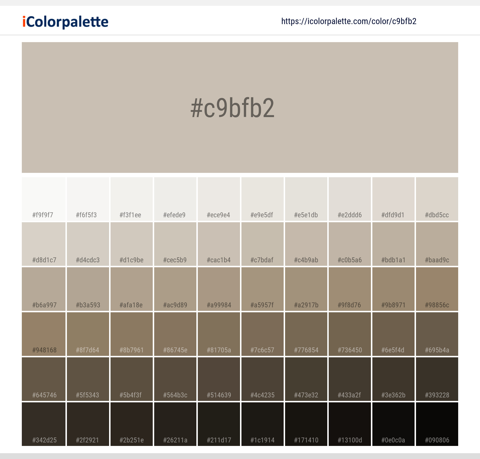 Explore a full range of light and dark shades for  Ashen Color | Hex c9bfb2. Perfect for finding the exact tint or tone for your artwork or UI design. #colorshades #colorinspiration #webdesign #c9bfb2