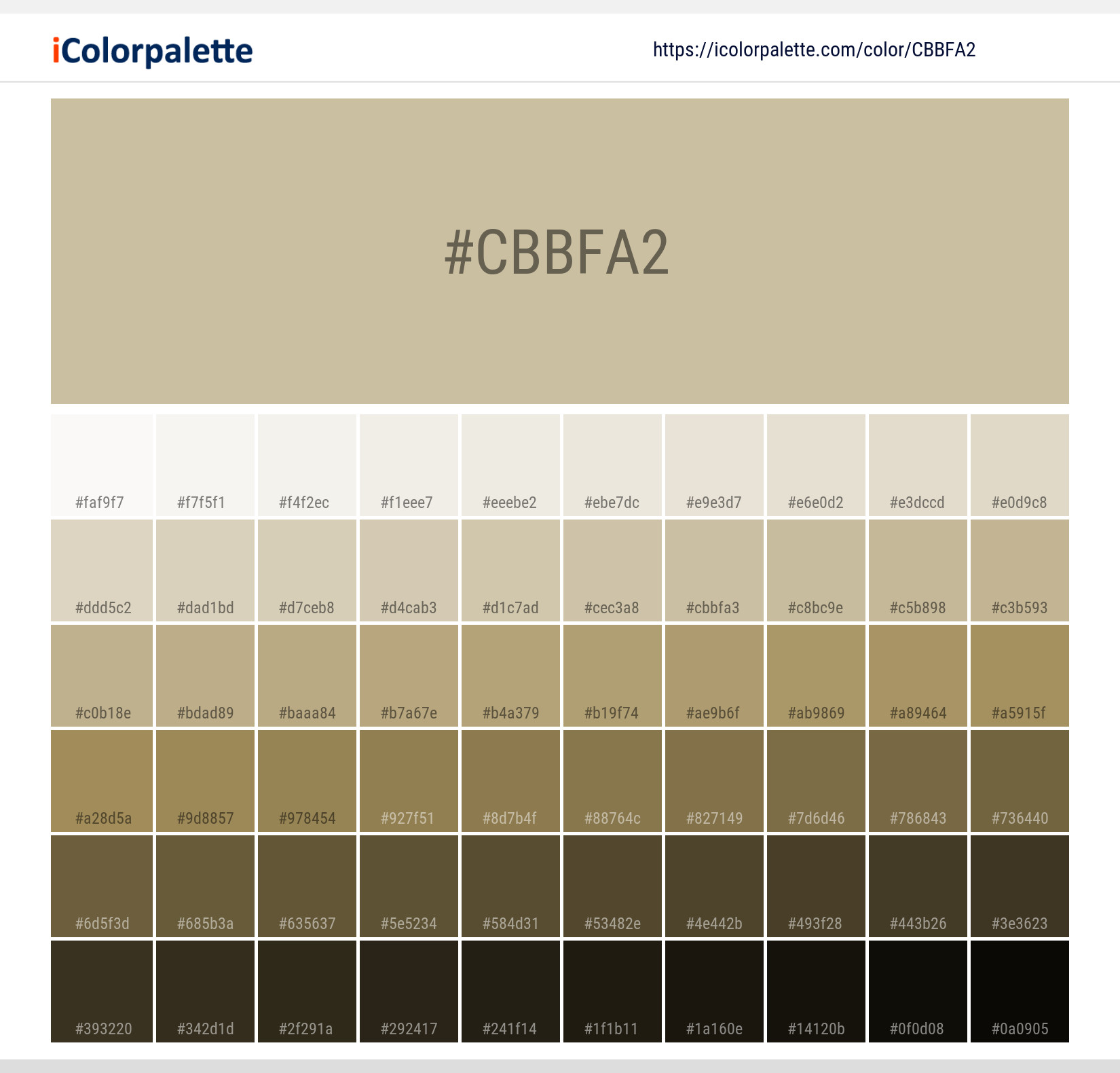 Explore a full range of light and dark shades for Pantone 14-1014 Tcx Gravel Color | Hex color Code #cbbfa2. Perfect for finding the exact tint or tone for your artwork or UI design. #colorshades #colorinspiration #webdesign #cbbfa2