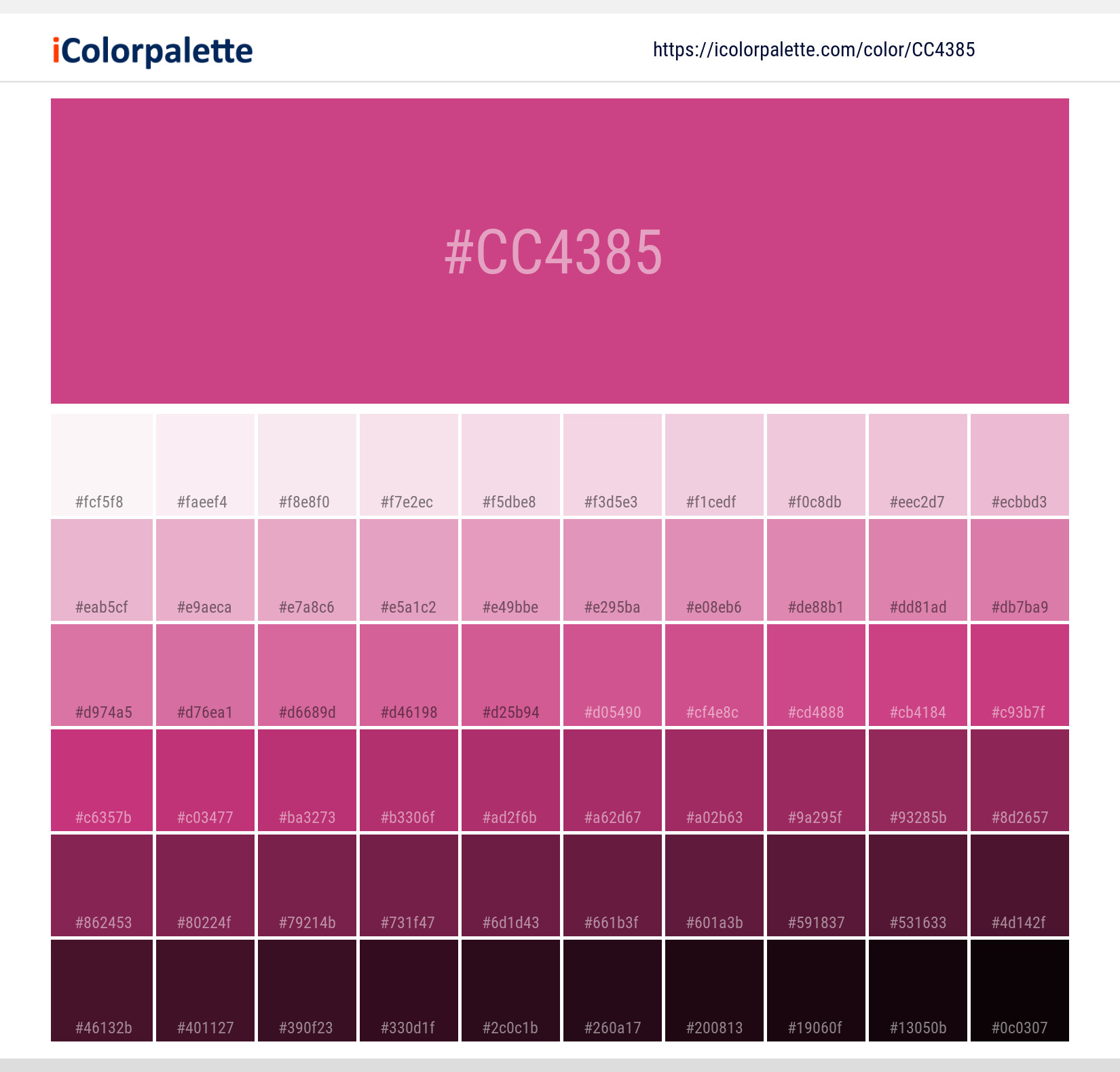 Explore a full range of light and dark shades for Pantone 18-2333 Tcx Raspberry Rose Color | Hex color Code #cc4385. Perfect for finding the exact tint or tone for your artwork or UI design. #colorshades #colorinspiration #webdesign #cc4385