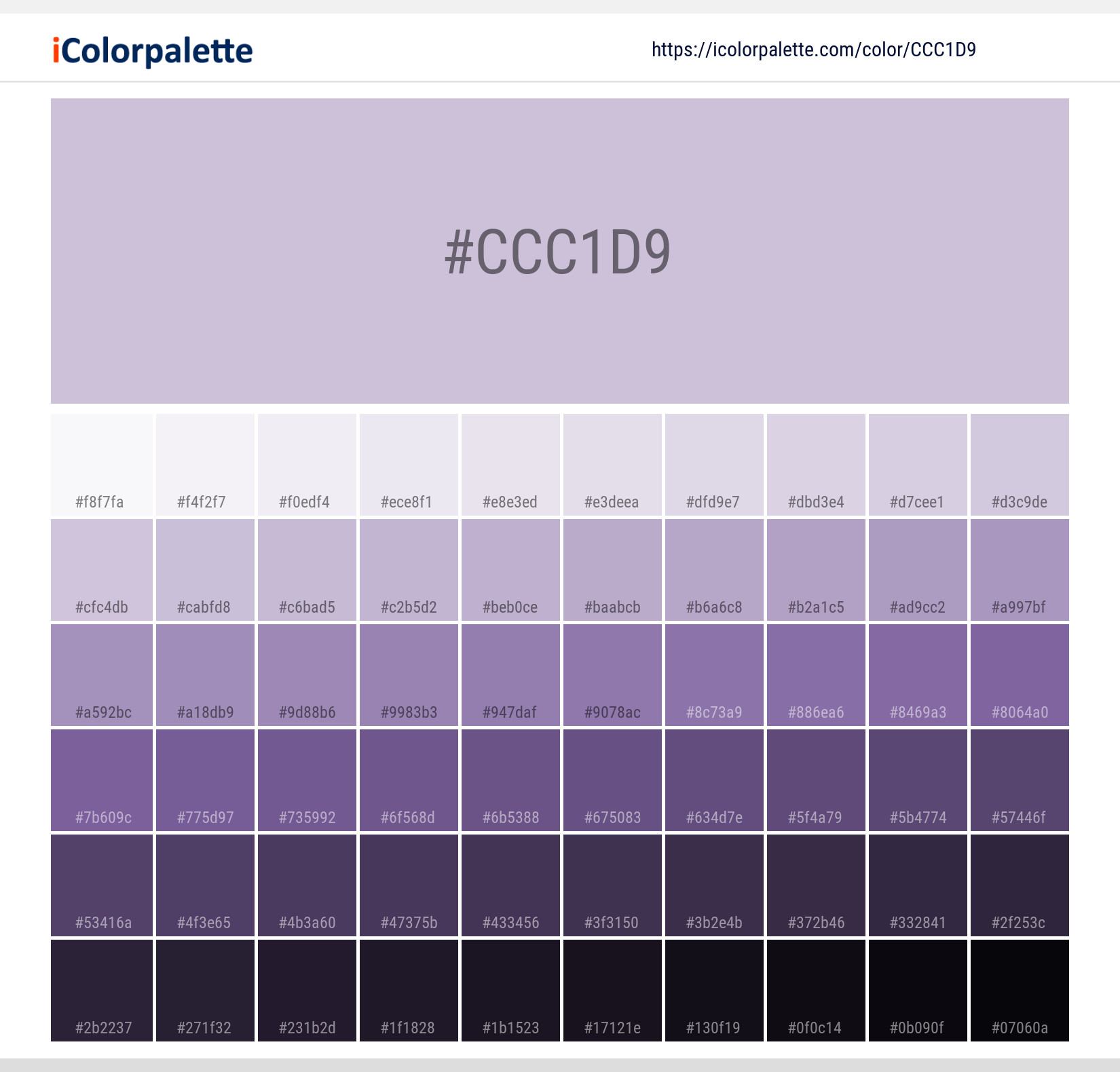 Explore a full range of light and dark shades for Pantone P 96-1 C Color | Hex color Code #ccc1d9. Perfect for finding the exact tint or tone for your artwork or UI design. #colorshades #colorinspiration #webdesign #ccc1d9