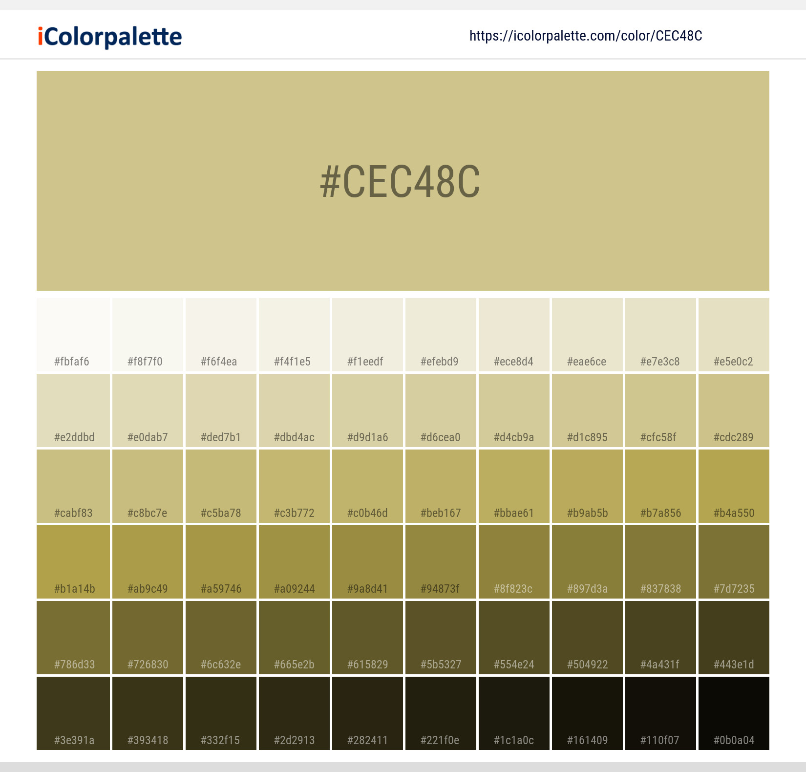 Explore a full range of light and dark shades for Pantone P 3-3 U Color | Hex color Code #cec48c. Perfect for finding the exact tint or tone for your artwork or UI design. #colorshades #colorinspiration #webdesign #cec48c