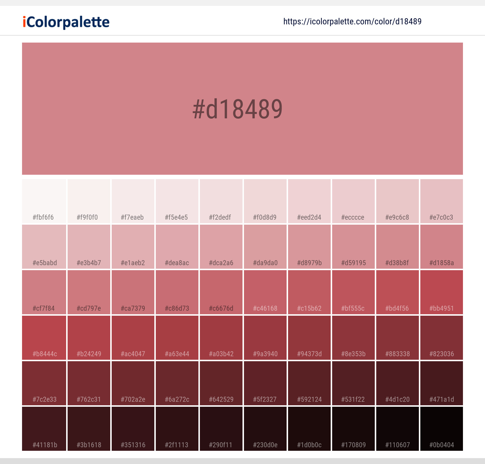 Explore a full range of light and dark shades for Pantone 16-1617 Tcx Mauveglow Color | Hex color Code #d18489. Perfect for finding the exact tint or tone for your artwork or UI design. #colorshades #colorinspiration #webdesign #d18489