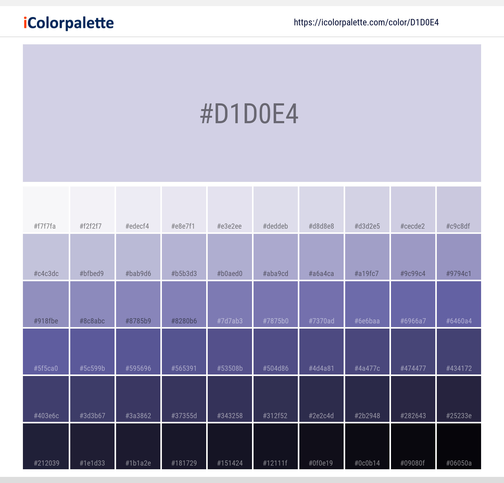 Explore a full range of light and dark shades for Pantone P 99-2 C Color | Hex color Code #d1d0e4. Perfect for finding the exact tint or tone for your artwork or UI design. #colorshades #colorinspiration #webdesign #d1d0e4