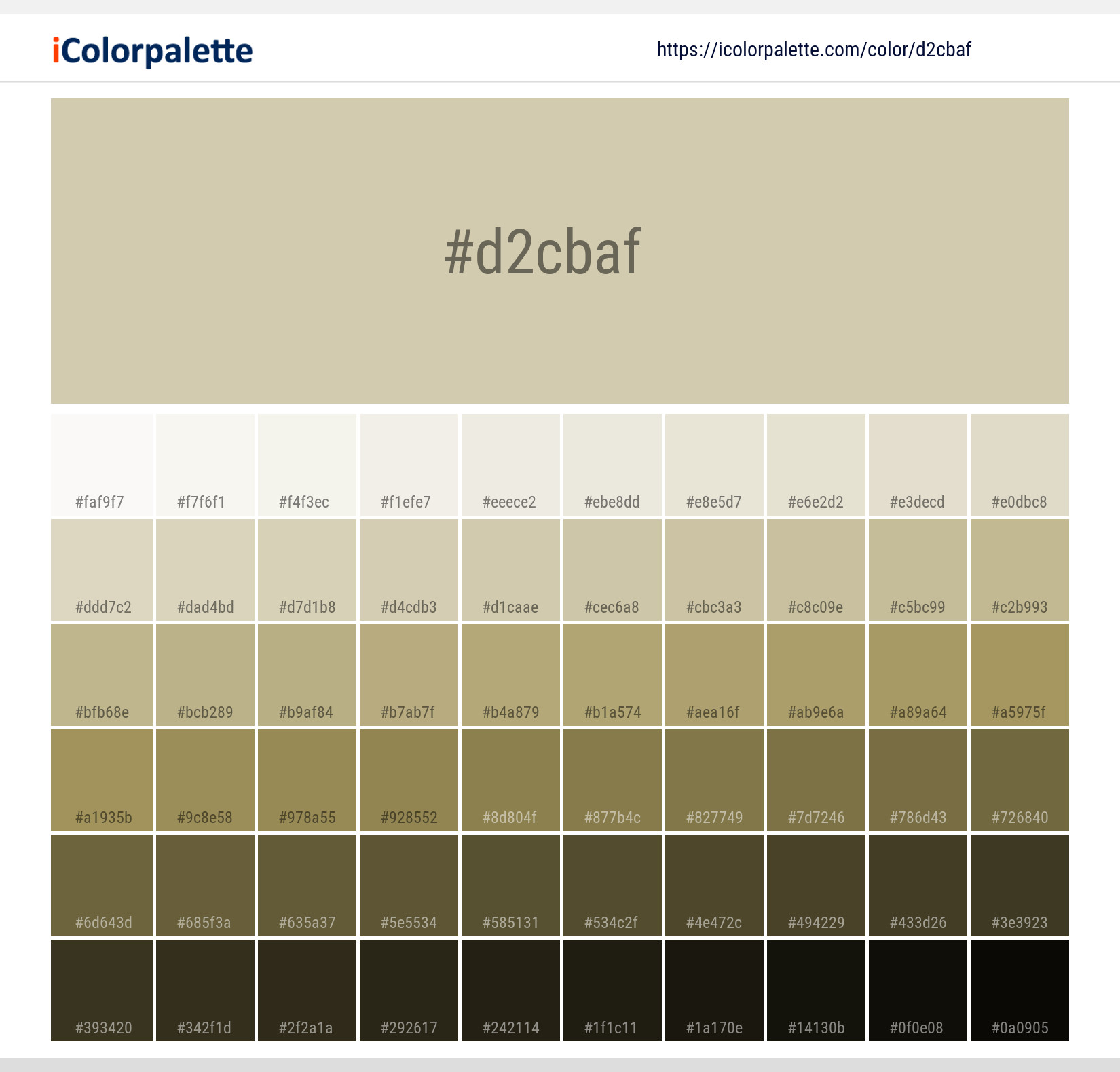 Explore a full range of light and dark shades for Pantone 13-0611 Tcx Moth Color | Hex color Code #d2cbaf. Perfect for finding the exact tint or tone for your artwork or UI design. #colorshades #colorinspiration #webdesign #d2cbaf