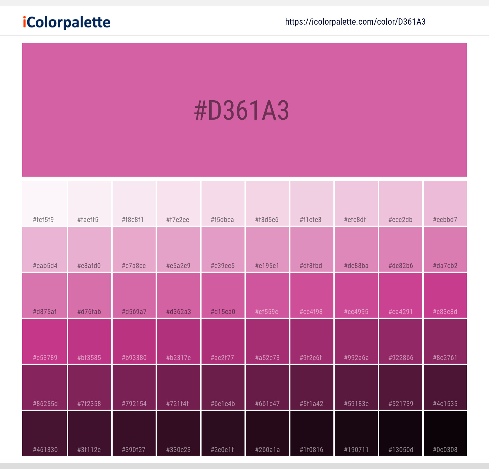 Explore a full range of light and dark shades for Pantone 17-2627 Tpx Phlox Pink Color | Hex color Code #d361a3. Perfect for finding the exact tint or tone for your artwork or UI design. #colorshades #colorinspiration #webdesign #d361a3