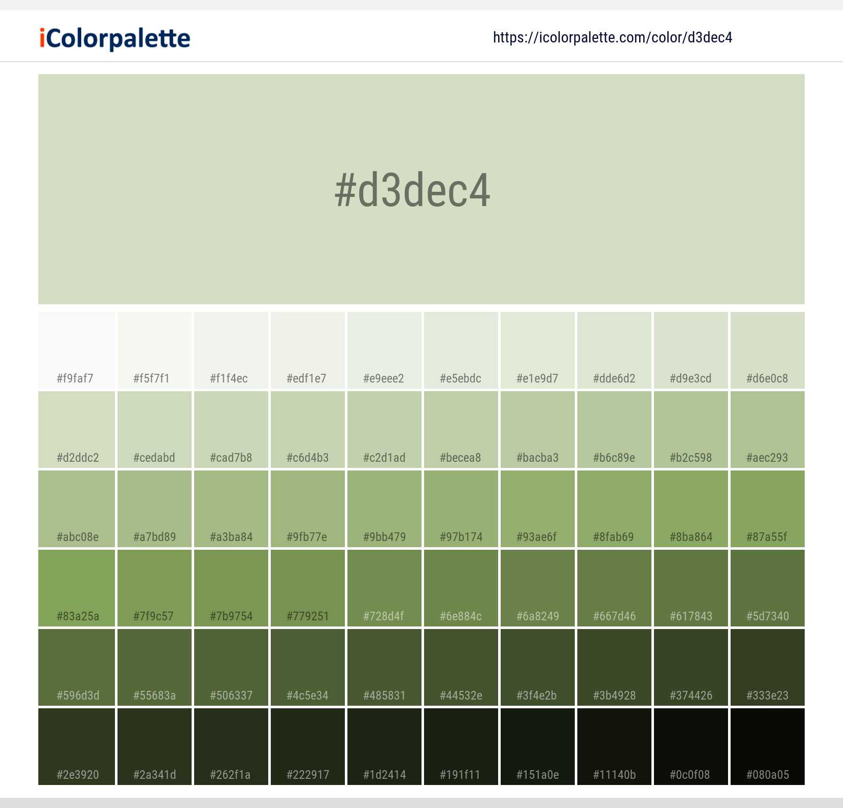 Explore a full range of light and dark shades for Pantone 12-0106 Tcx Meadow Mist Color | Hex color Code #d3dec4. Perfect for finding the exact tint or tone for your artwork or UI design. #colorshades #colorinspiration #webdesign #d3dec4