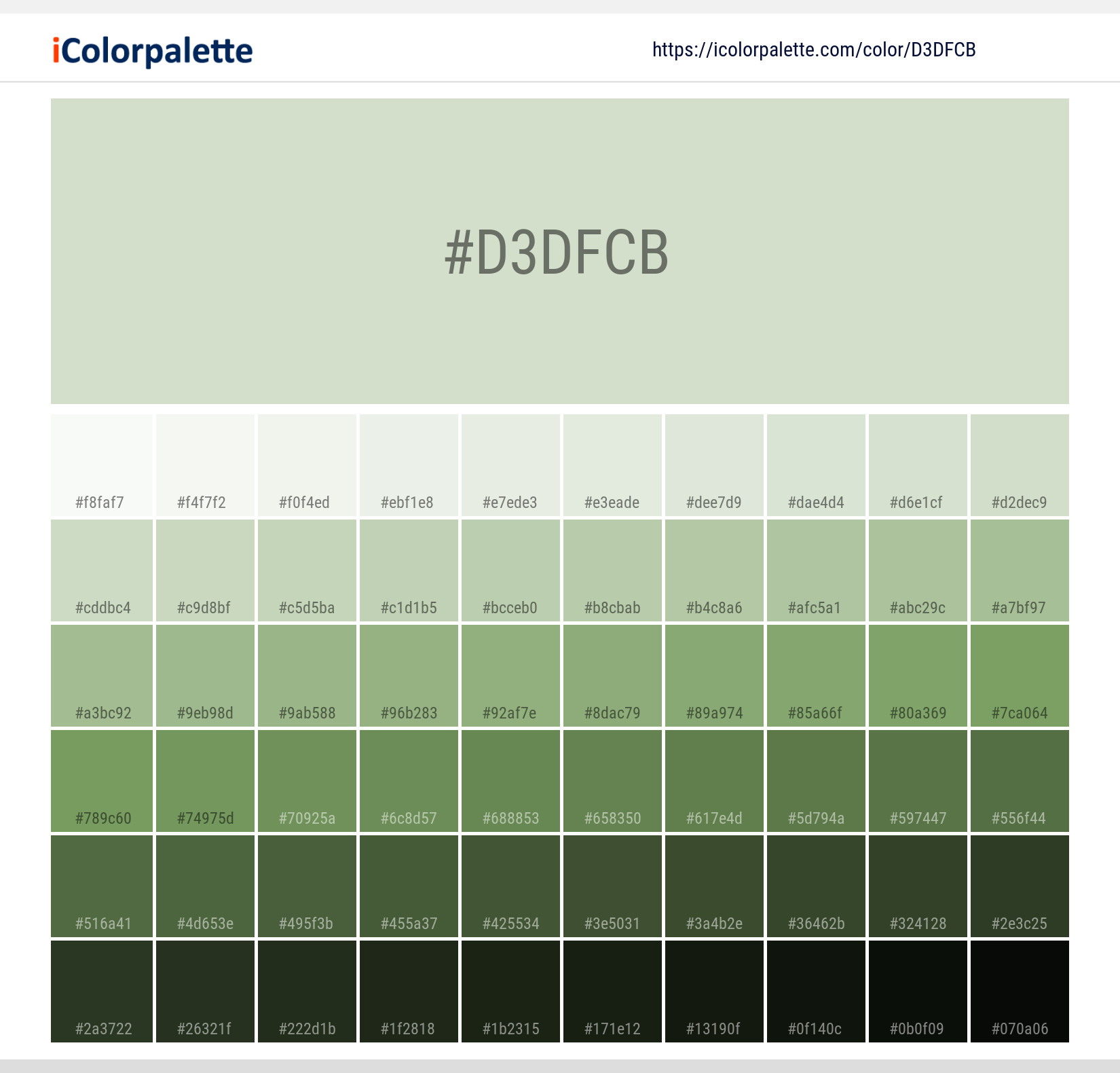 Explore a full range of light and dark shades for Pantone P 152-2 C Color | Hex color Code #d3dfcb. Perfect for finding the exact tint or tone for your artwork or UI design. #colorshades #colorinspiration #webdesign #d3dfcb