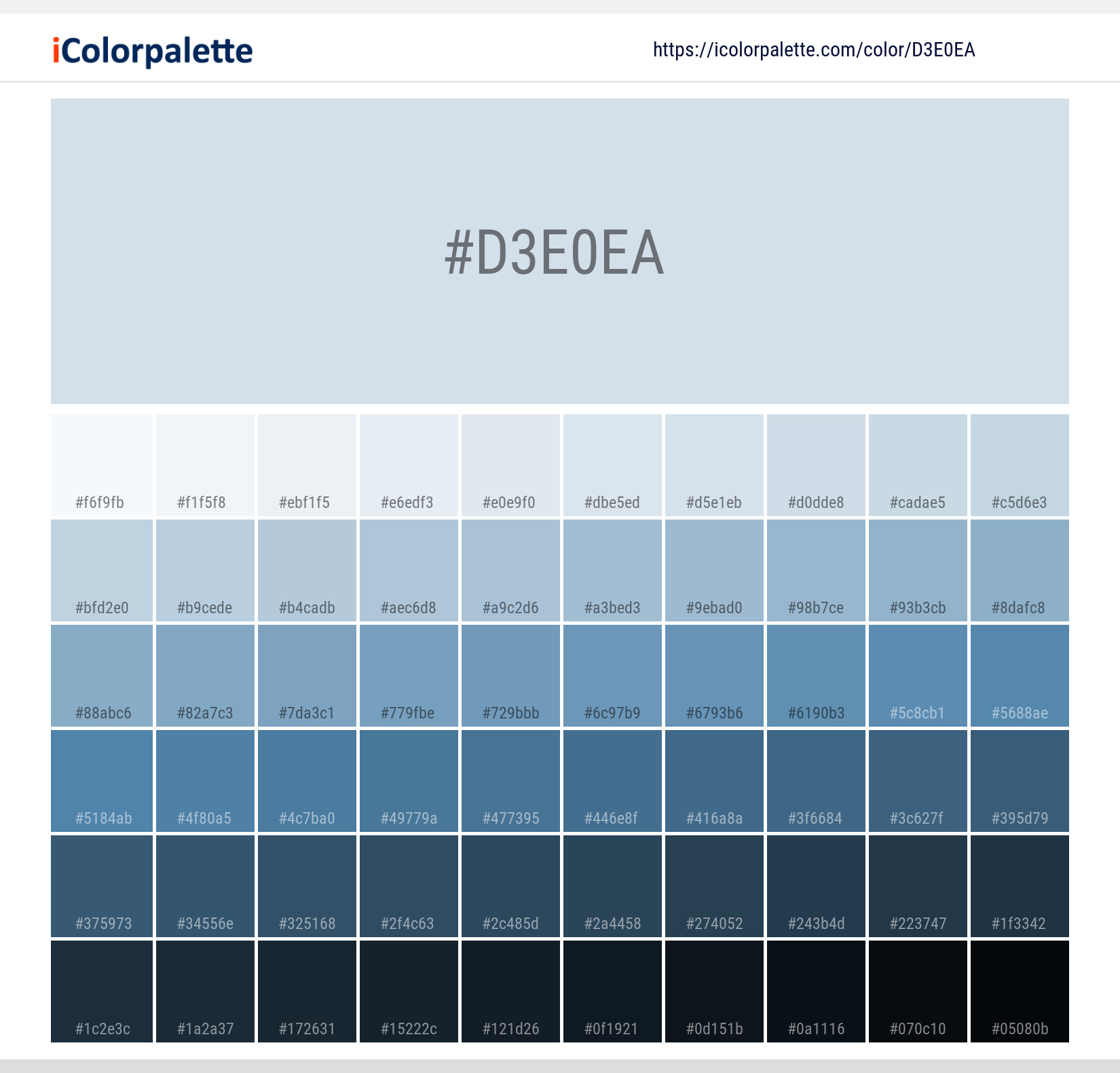 Explore a full range of light and dark shades for Pantone 642 U Color | Hex color Code #d3e0ea. Perfect for finding the exact tint or tone for your artwork or UI design. #colorshades #colorinspiration #webdesign #d3e0ea