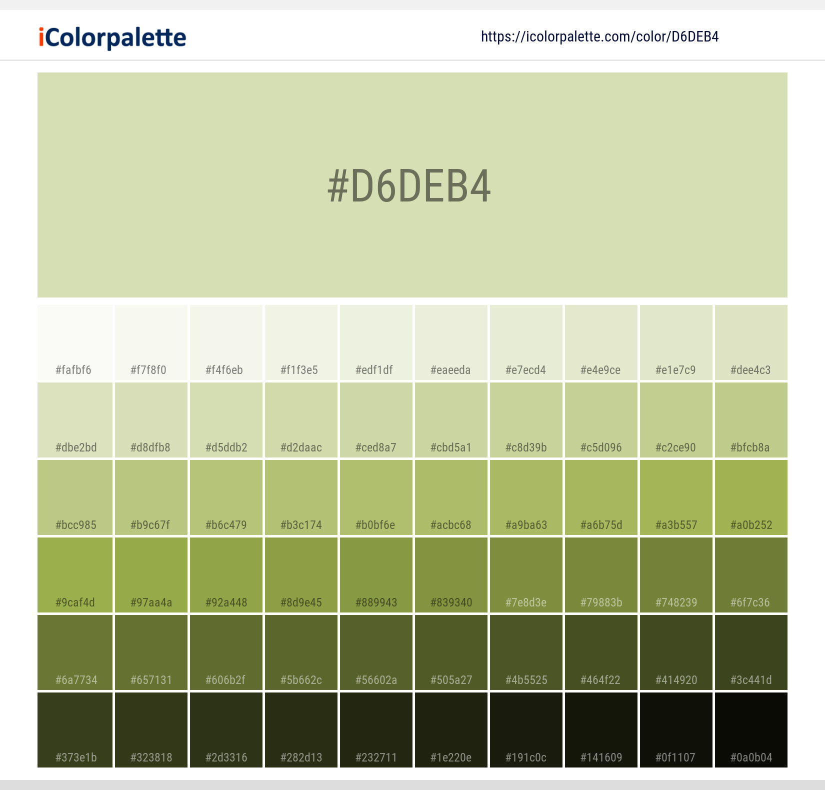 Explore a full range of light and dark shades for Pantone P 157-9 C Color | Hex color Code #d6deb4. Perfect for finding the exact tint or tone for your artwork or UI design. #colorshades #colorinspiration #webdesign #d6deb4