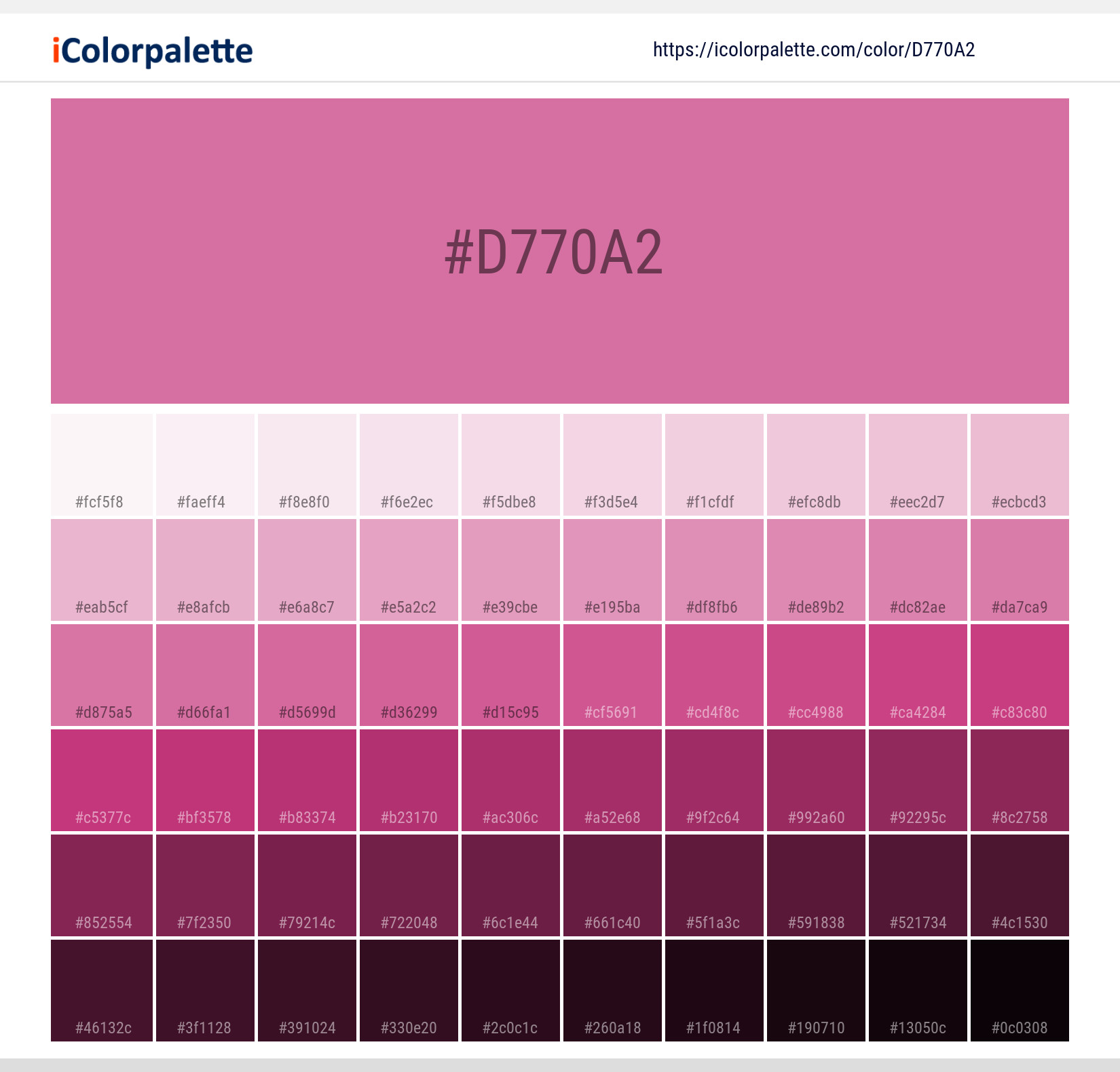Explore a full range of light and dark shades for Pantone 16-2120 Tpx Wild Orchid Color | Hex color Code #d770a2. Perfect for finding the exact tint or tone for your artwork or UI design. #colorshades #colorinspiration #webdesign #d770a2