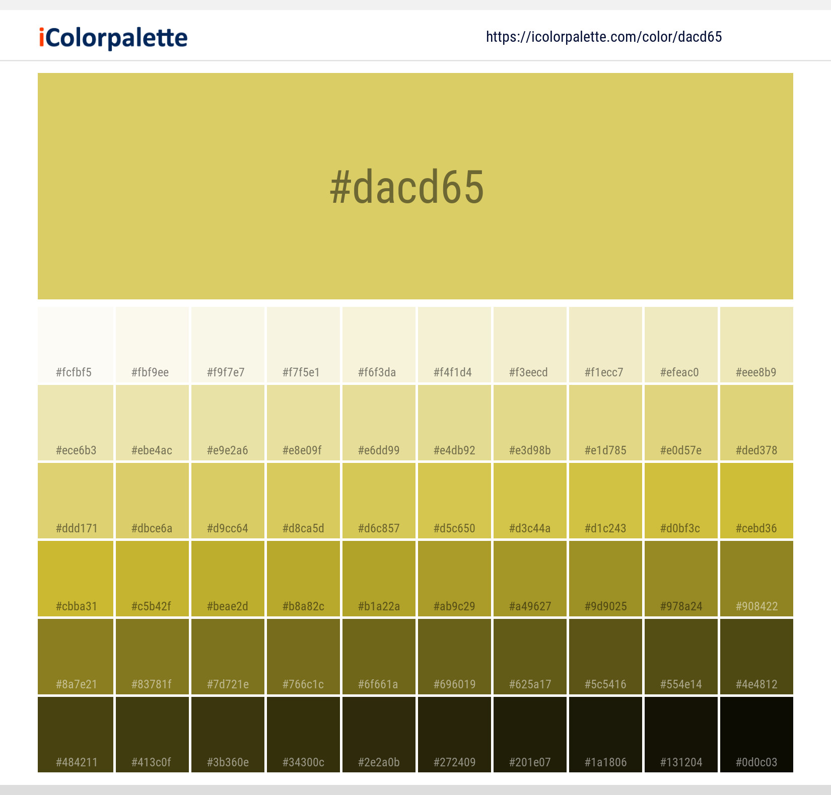 Explore a full range of light and dark shades for Pantone 13-0640 Tcx Acacia Color | Hex color Code #dacd65. Perfect for finding the exact tint or tone for your artwork or UI design. #colorshades #colorinspiration #webdesign #dacd65