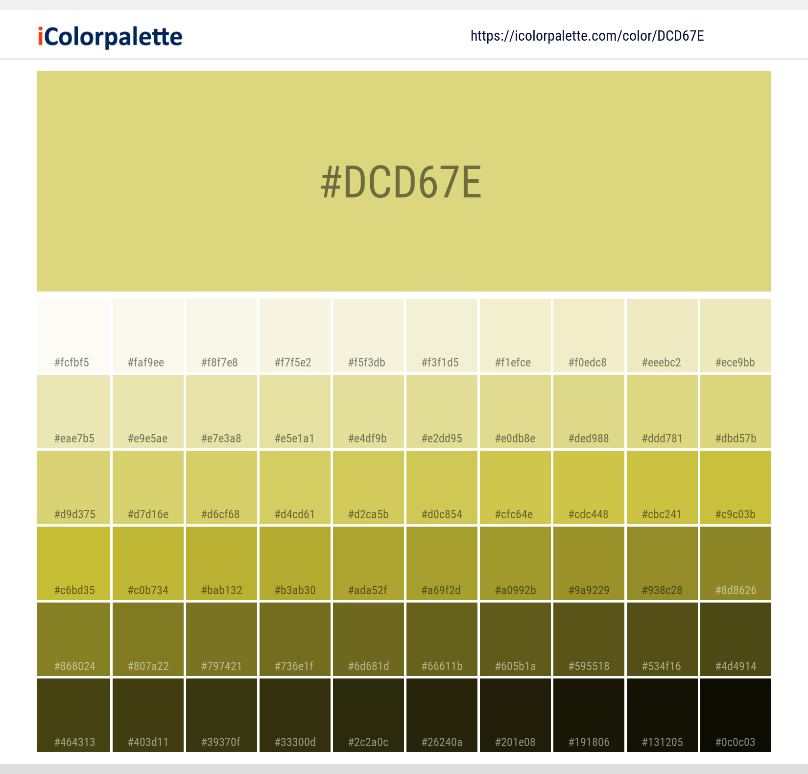 Explore a full range of light and dark shades for Pantone P 166-12 C Color | Hex color Code #dcd67e. Perfect for finding the exact tint or tone for your artwork or UI design. #colorshades #colorinspiration #webdesign #dcd67e