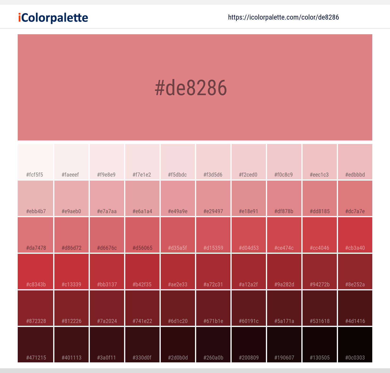 Explore a full range of light and dark shades for Pantone 16-1626 Tcx Peach Blossom Color | Hex color Code #de8286. Perfect for finding the exact tint or tone for your artwork or UI design. #colorshades #colorinspiration #webdesign #de8286