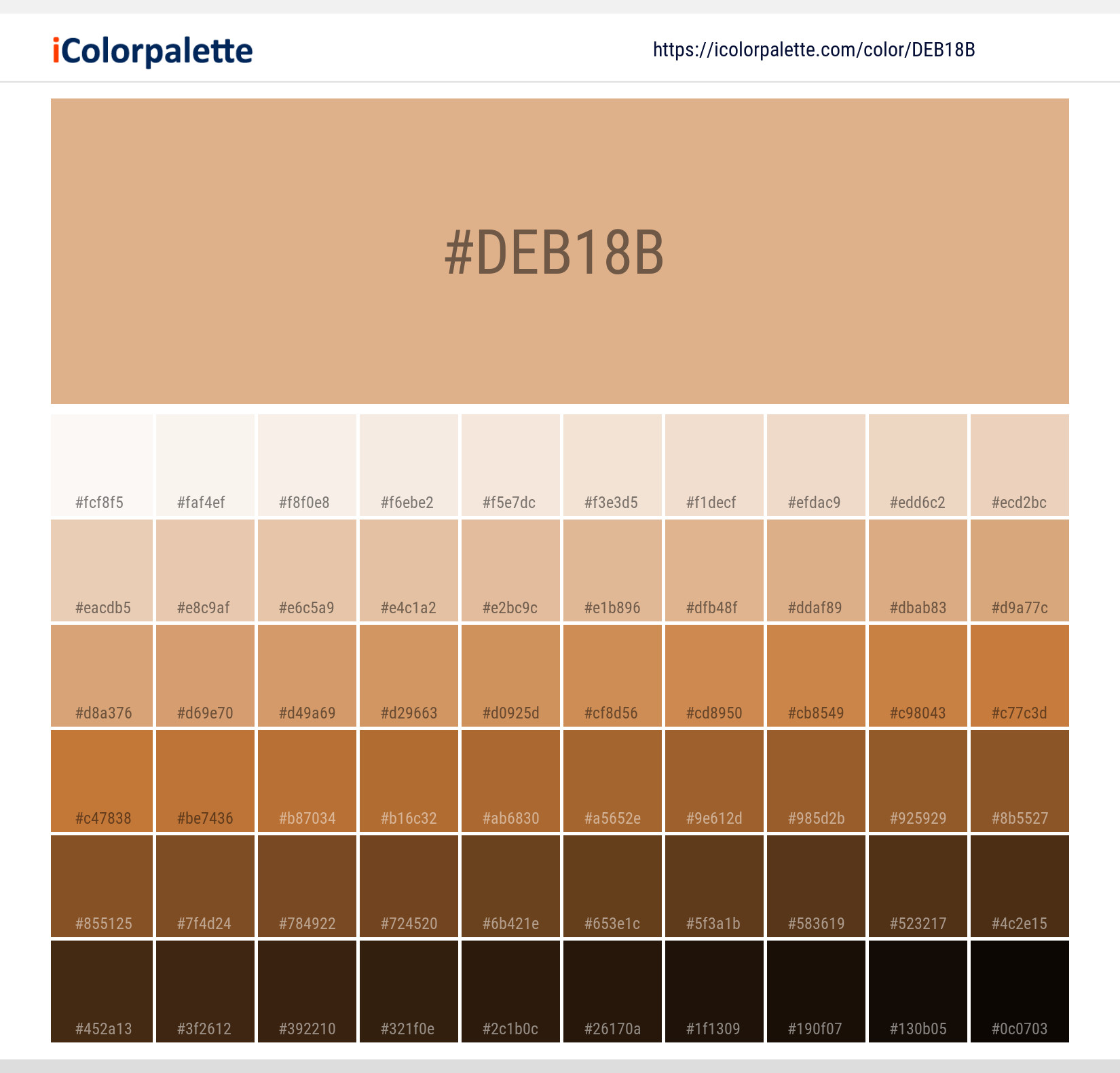Explore a full range of light and dark shades for Pantone P 37-10 C Color | Hex color Code #deb18b. Perfect for finding the exact tint or tone for your artwork or UI design. #colorshades #colorinspiration #webdesign #deb18b
