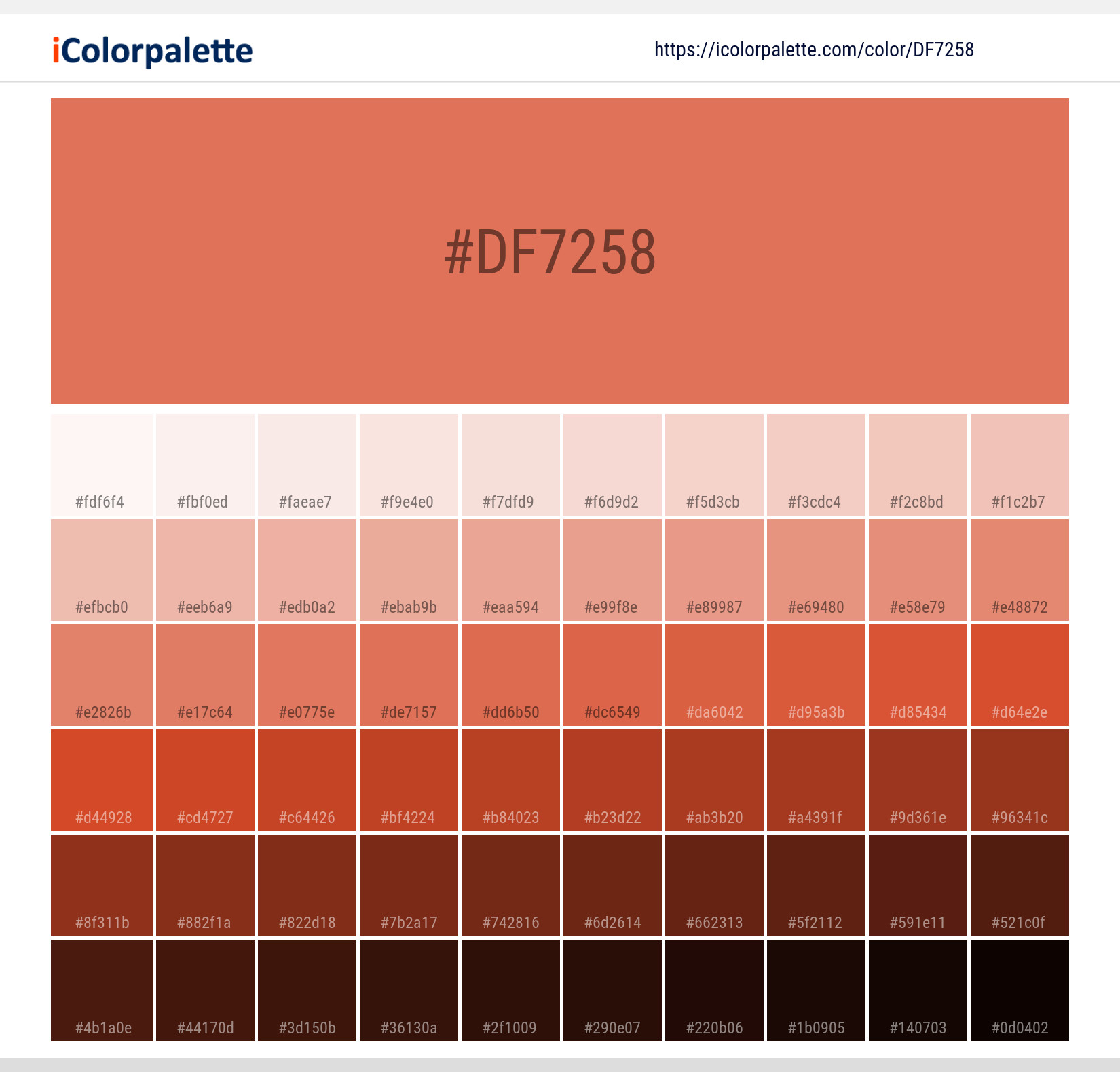 Explore a full range of light and dark shades for Pantone 16-1450 Tpg Flamingo Color | Hex color Code #df7258. Perfect for finding the exact tint or tone for your artwork or UI design. #colorshades #colorinspiration #webdesign #df7258