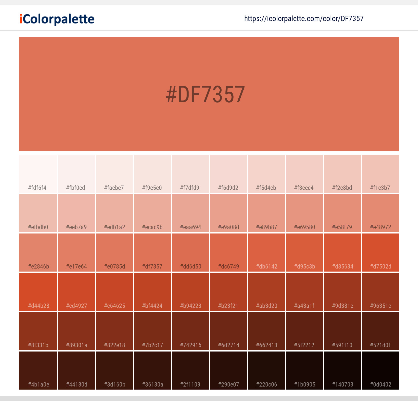 Explore a full range of light and dark shades for Pantone 7579 U Color | Hex color Code #df7357. Perfect for finding the exact tint or tone for your artwork or UI design. #colorshades #colorinspiration #webdesign #df7357