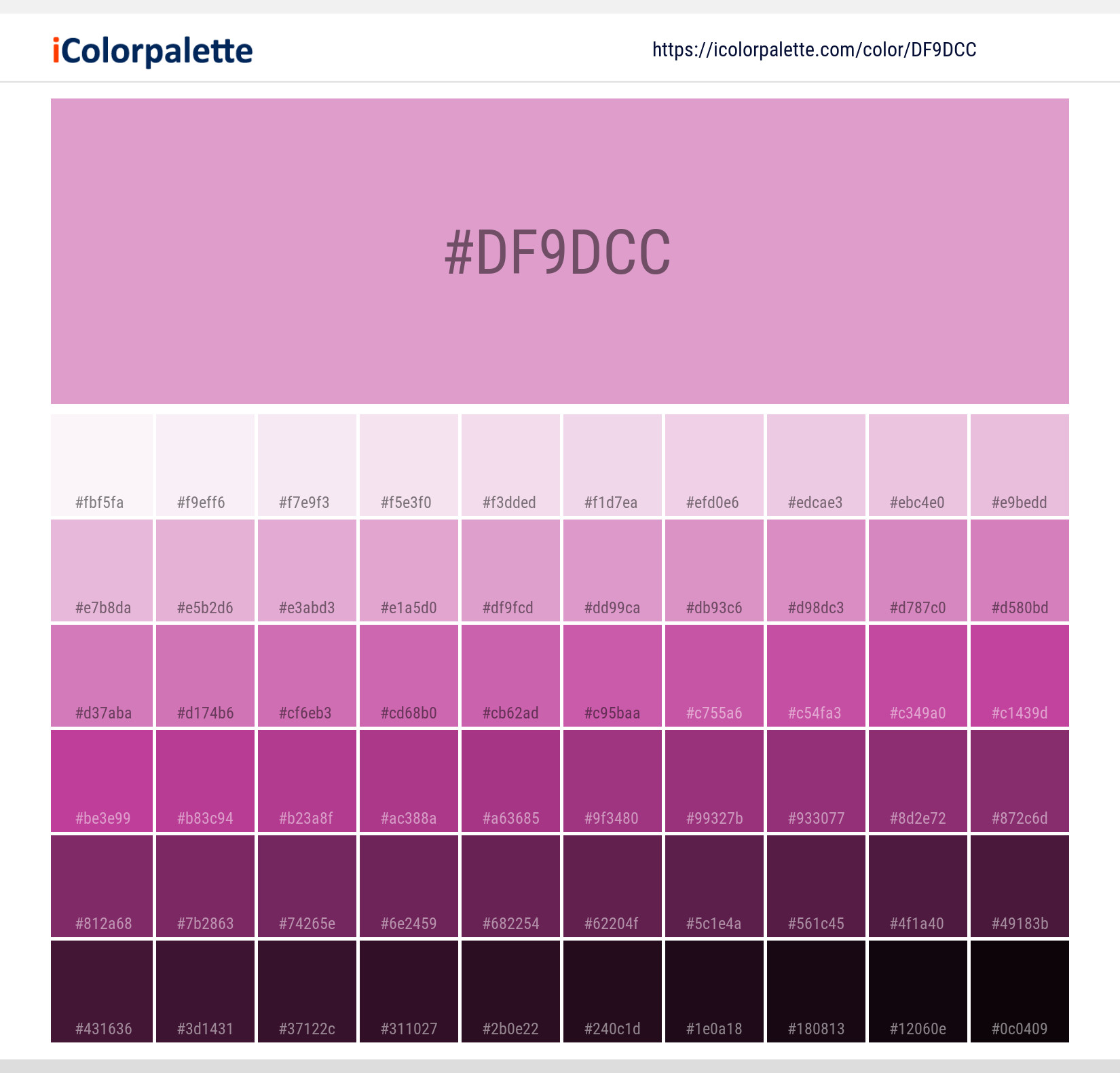 Explore a full range of light and dark shades for Pantone 15-2913 Tpx Lilac Chiffon Color | Hex color Code #df9dcc. Perfect for finding the exact tint or tone for your artwork or UI design. #colorshades #colorinspiration #webdesign #df9dcc