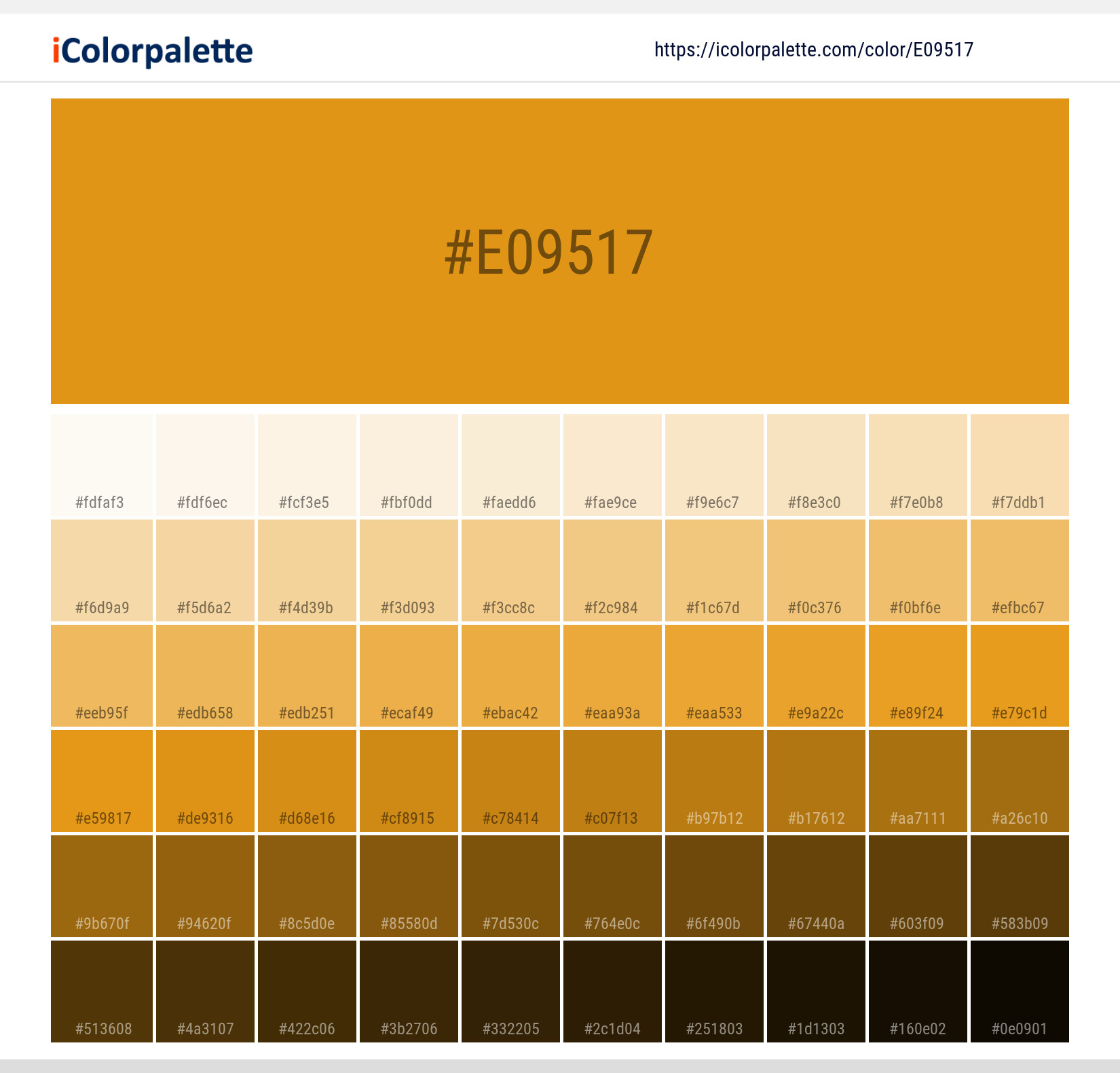 Explore a full range of light and dark shades for  Grapefruit Yellow (similar) Color | Hex e09517. Perfect for finding the exact tint or tone for your artwork or UI design. #colorshades #colorinspiration #webdesign #e09517