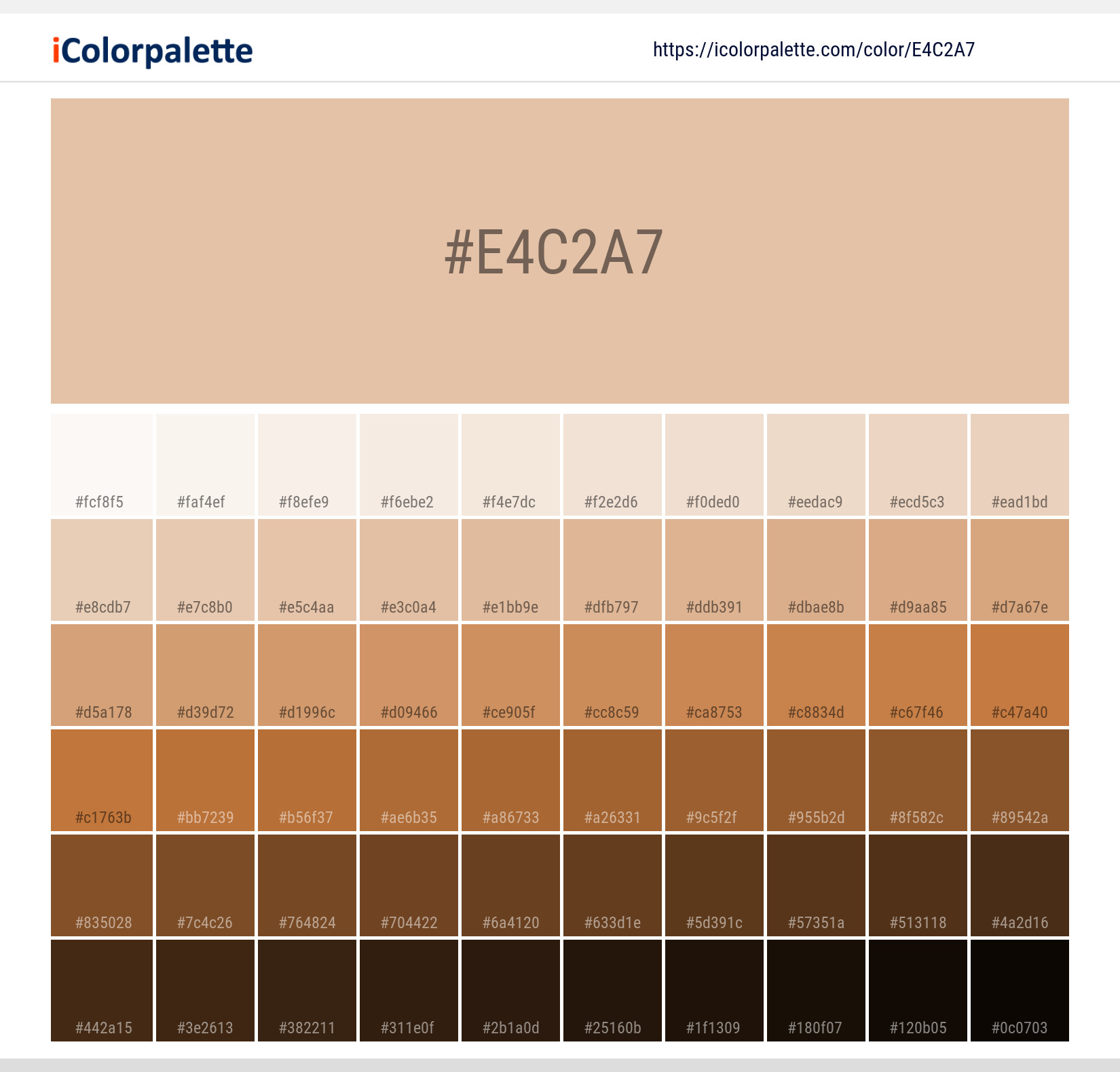 Explore a full range of light and dark shades for Pantone P 35-1 C Color | Hex color Code #e4c2a7. Perfect for finding the exact tint or tone for your artwork or UI design. #colorshades #colorinspiration #webdesign #e4c2a7
