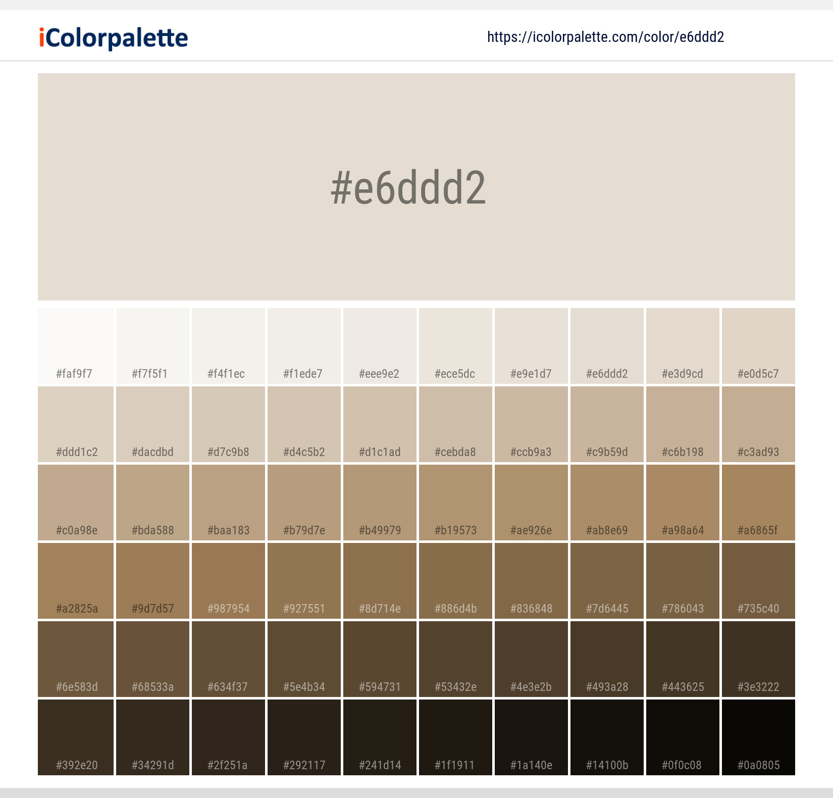 Explore a full range of light and dark shades for  Sand Dagger Color | Hex e6ddd2. Perfect for finding the exact tint or tone for your artwork or UI design. #colorshades #colorinspiration #webdesign #e6ddd2