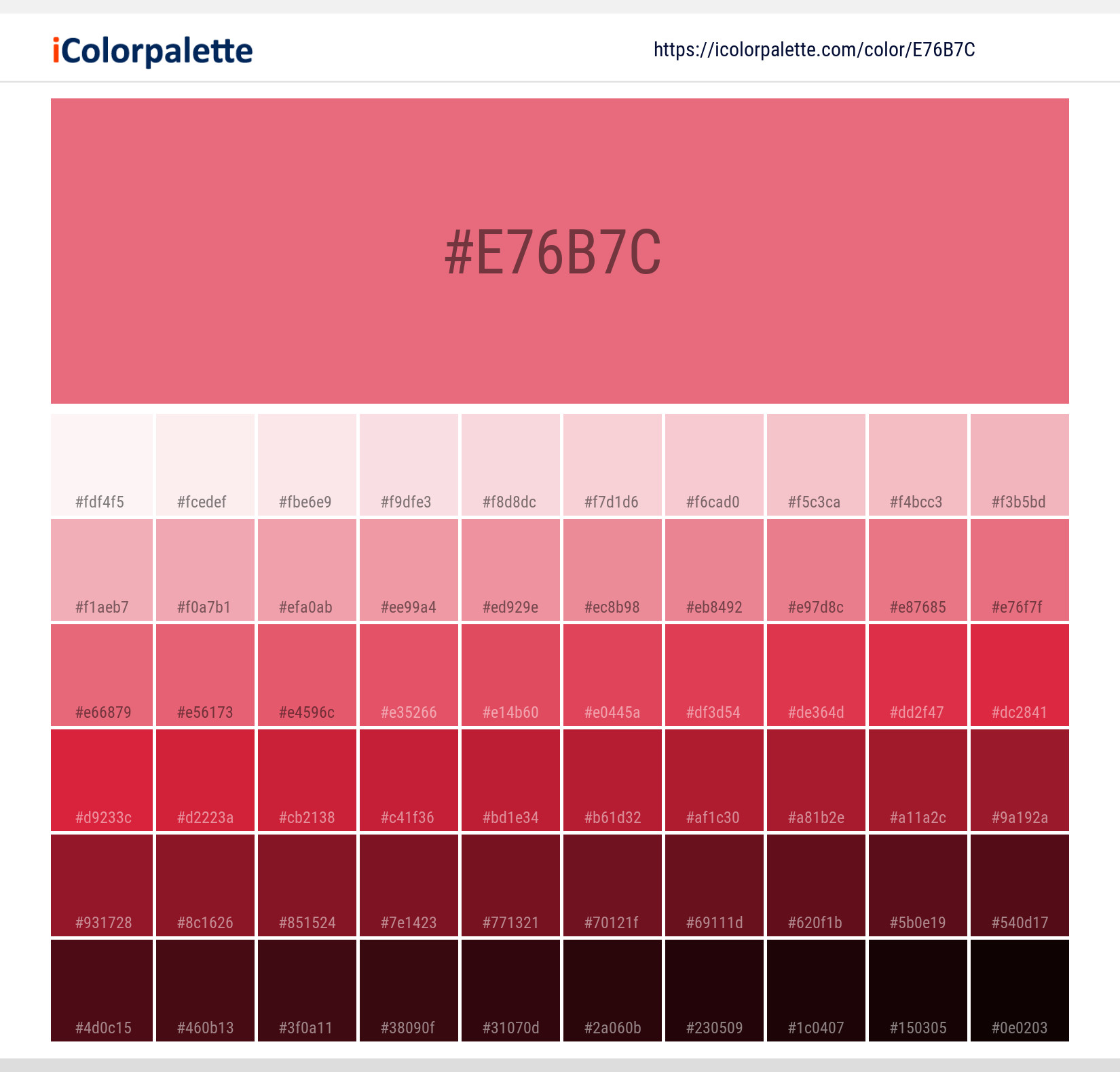 Explore a full range of light and dark shades for Pantone 198 U Color | Hex color Code #e76b7c. Perfect for finding the exact tint or tone for your artwork or UI design. #colorshades #colorinspiration #webdesign #e76b7c