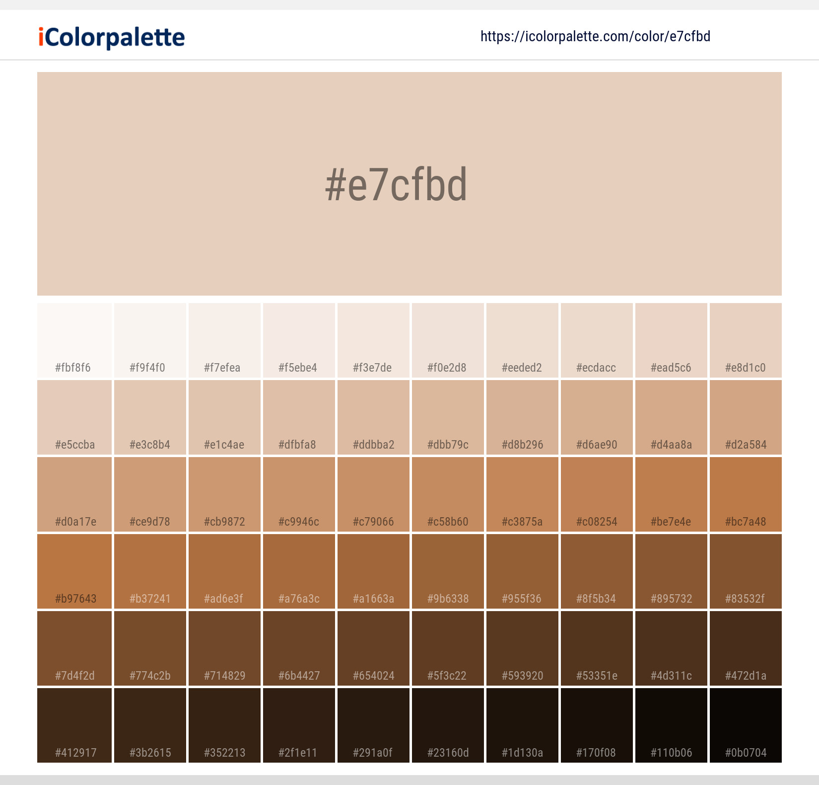 Explore a full range of light and dark shades for Pantone 12-1005 Tcx Novelle Peach Color | Hex color Code #e7cfbd. Perfect for finding the exact tint or tone for your artwork or UI design. #colorshades #colorinspiration #webdesign #e7cfbd