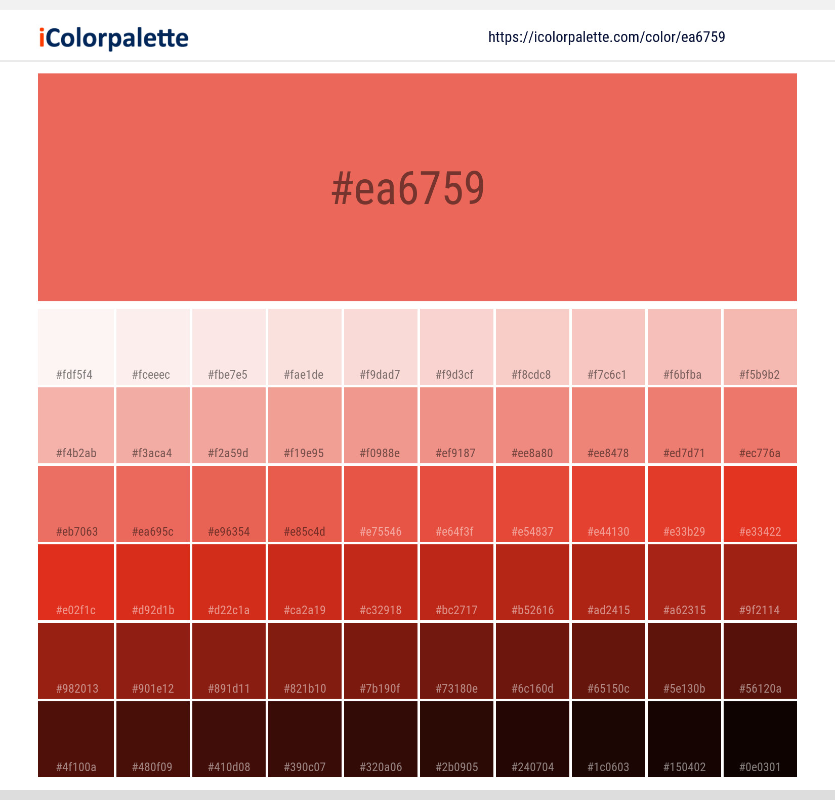 Explore a full range of light and dark shades for Pantone 17-1547 Tcx Emberglow Color | Hex color Code #ea6759. Perfect for finding the exact tint or tone for your artwork or UI design. #colorshades #colorinspiration #webdesign #ea6759