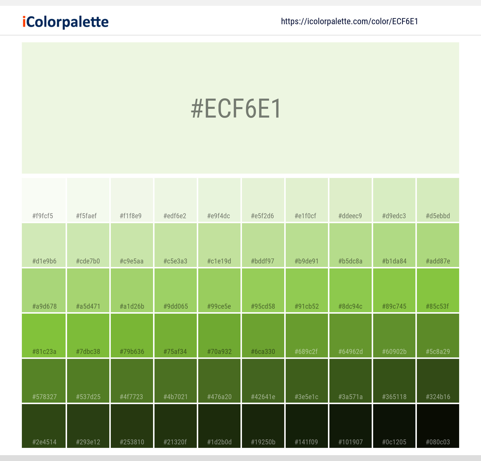 Explore a full range of light and dark shades for Pantone 9544 U Color | Hex color Code #ecf6e1. Perfect for finding the exact tint or tone for your artwork or UI design. #colorshades #colorinspiration #webdesign #ecf6e1