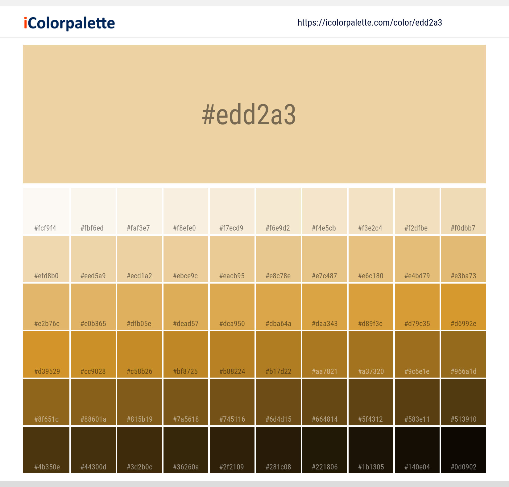 Explore a full range of light and dark shades for  Crossroads Color | Hex edd2a3. Perfect for finding the exact tint or tone for your artwork or UI design. #colorshades #colorinspiration #webdesign #edd2a3