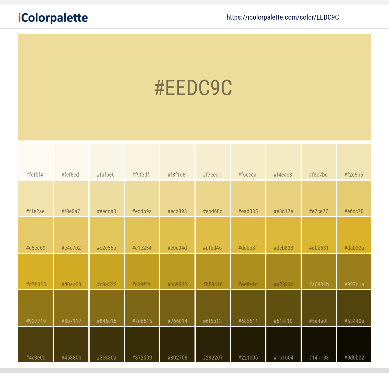 Explore a full range of light and dark shades for Pantone 12-0720 Tpg Mellow Yellow Color | Hex color Code #eedc9c. Perfect for finding the exact tint or tone for your artwork or UI design. #colorshades #colorinspiration #webdesign #eedc9c
