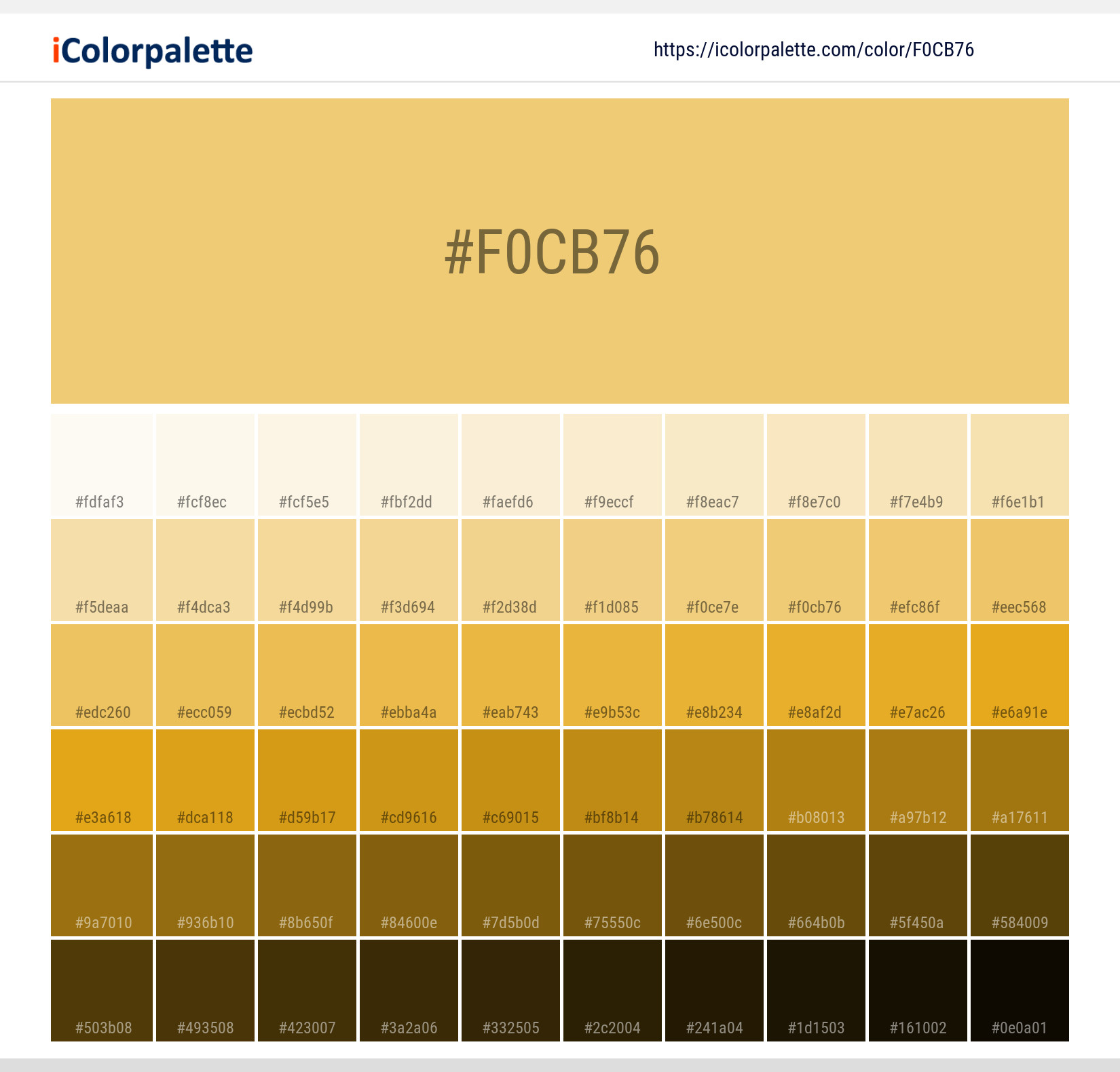 Explore a full range of light and dark shades for Pantone 12-0758 Tpg Yarrow Color | Hex color Code #f0cb76. Perfect for finding the exact tint or tone for your artwork or UI design. #colorshades #colorinspiration #webdesign #f0cb76
