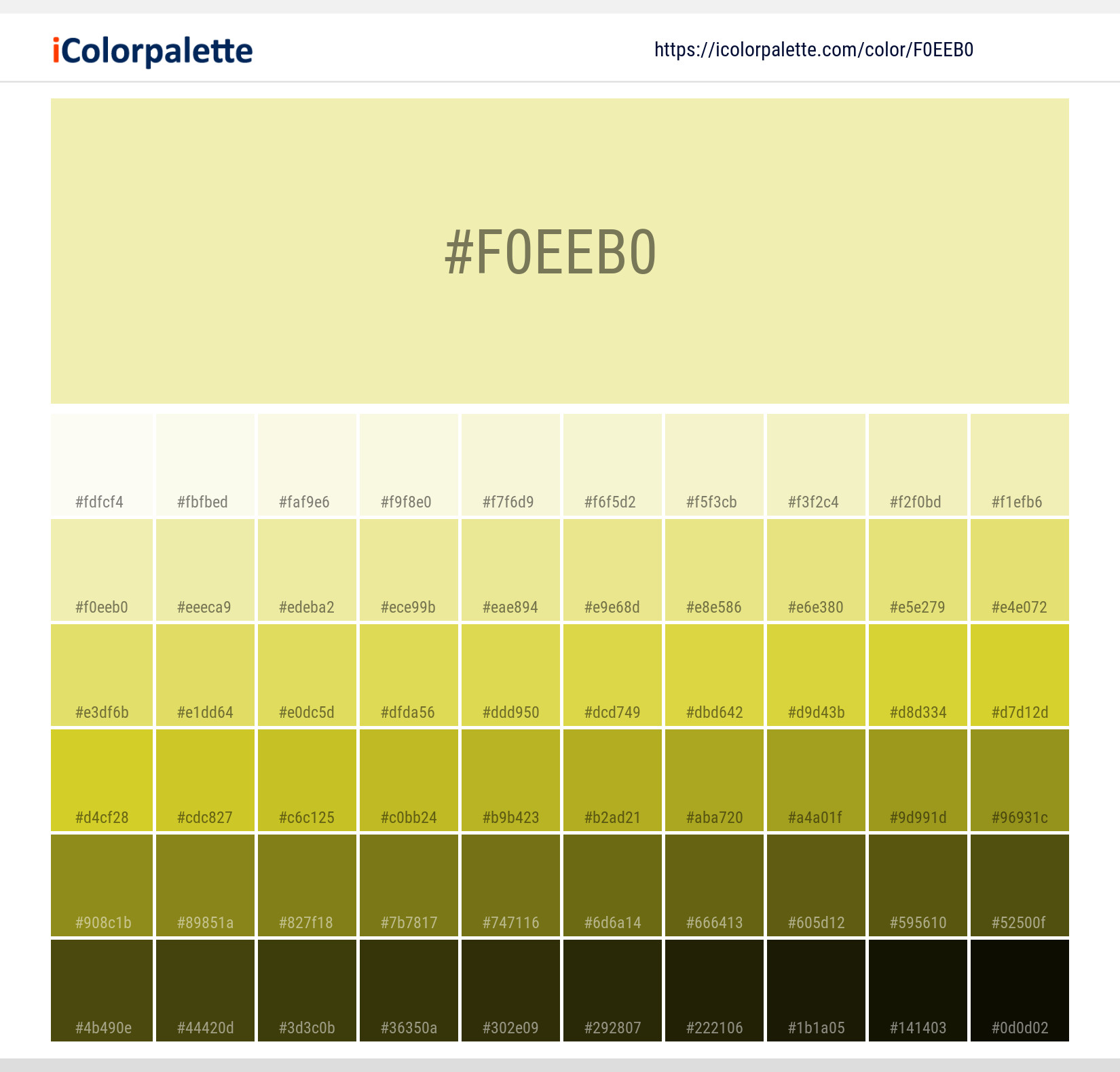 Explore a full range of light and dark shades for Pantone 11-0618 Tpx Wax Yellow Color | Hex color Code #f0eeb0. Perfect for finding the exact tint or tone for your artwork or UI design. #colorshades #colorinspiration #webdesign #f0eeb0