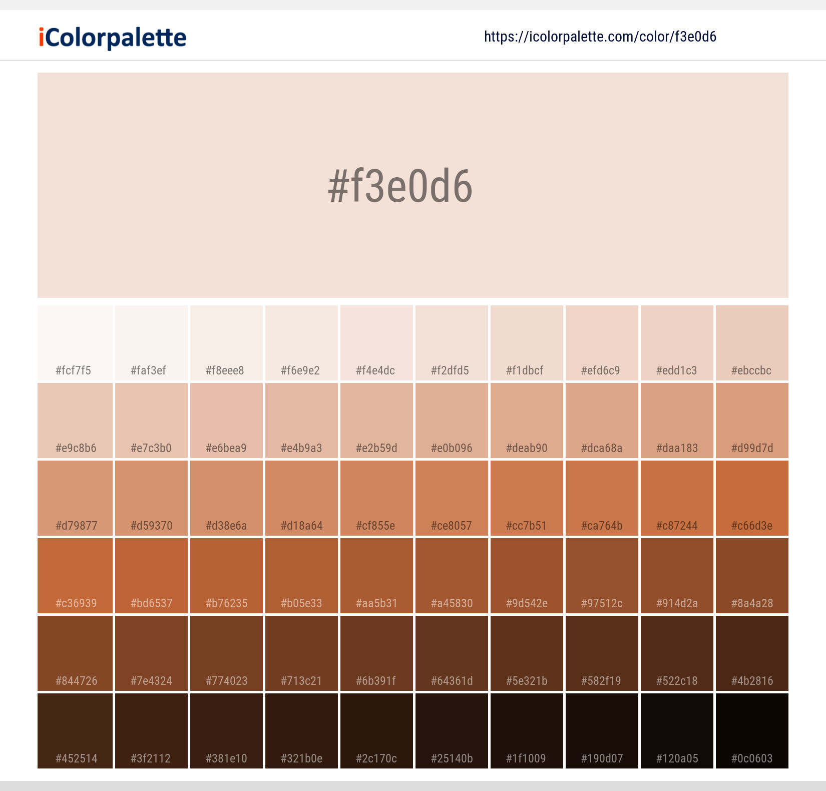 Explore a full range of light and dark shades for Pantone 11-1404 Tcx Powder Puff Color | Hex color Code #f3e0d6. Perfect for finding the exact tint or tone for your artwork or UI design. #colorshades #colorinspiration #webdesign #f3e0d6