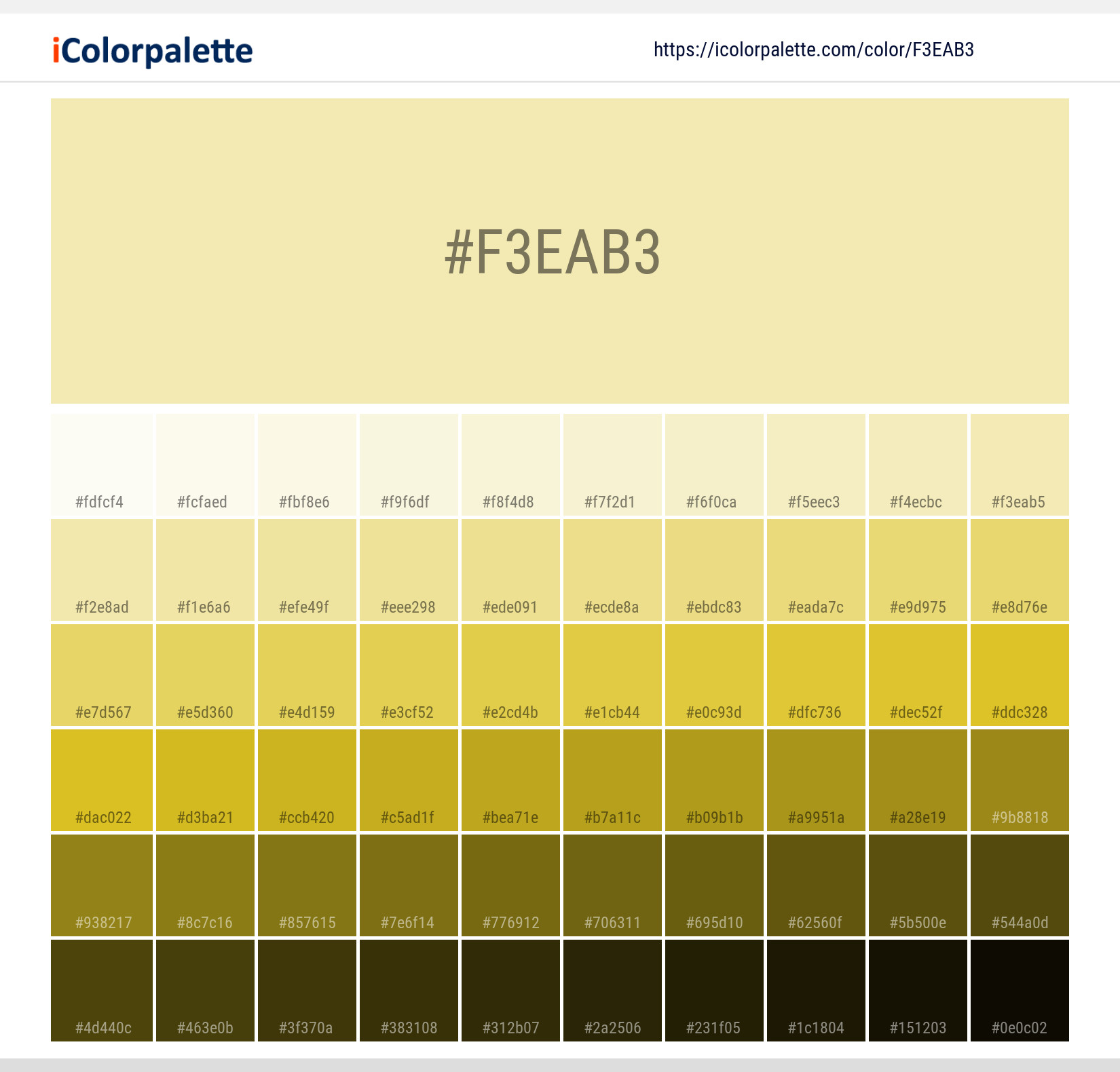 Explore a full range of light and dark shades for Pantone P 1-11 U Color | Hex color Code #f3eab3. Perfect for finding the exact tint or tone for your artwork or UI design. #colorshades #colorinspiration #webdesign #f3eab3