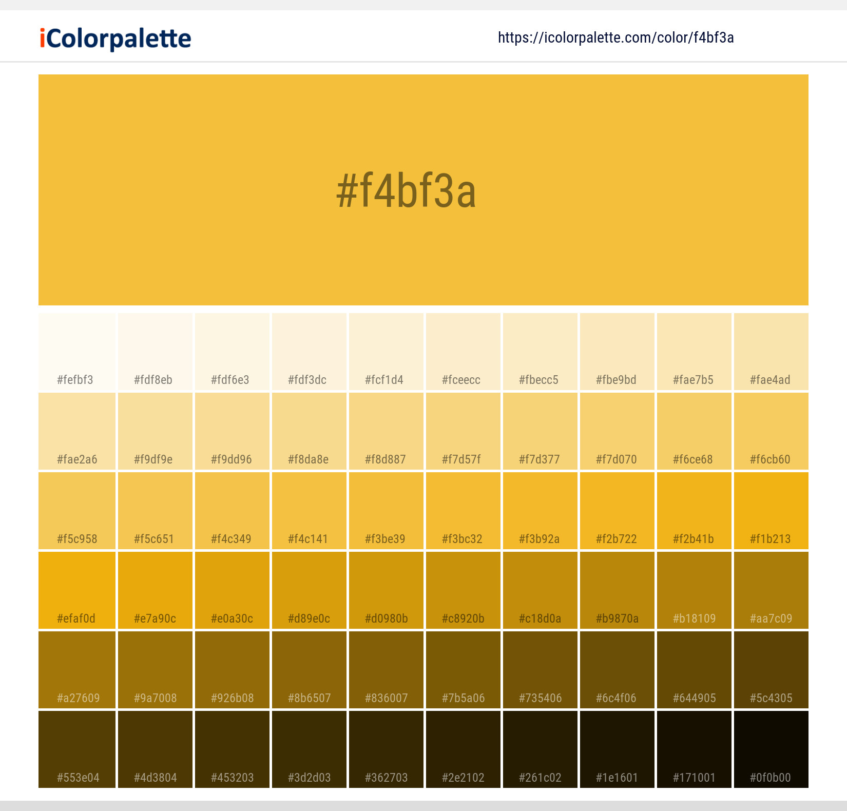 Explore a full range of light and dark shades for Pantone 13-0759 Tcx Solar Power Color | Hex color Code #f4bf3a. Perfect for finding the exact tint or tone for your artwork or UI design. #colorshades #colorinspiration #webdesign #f4bf3a
