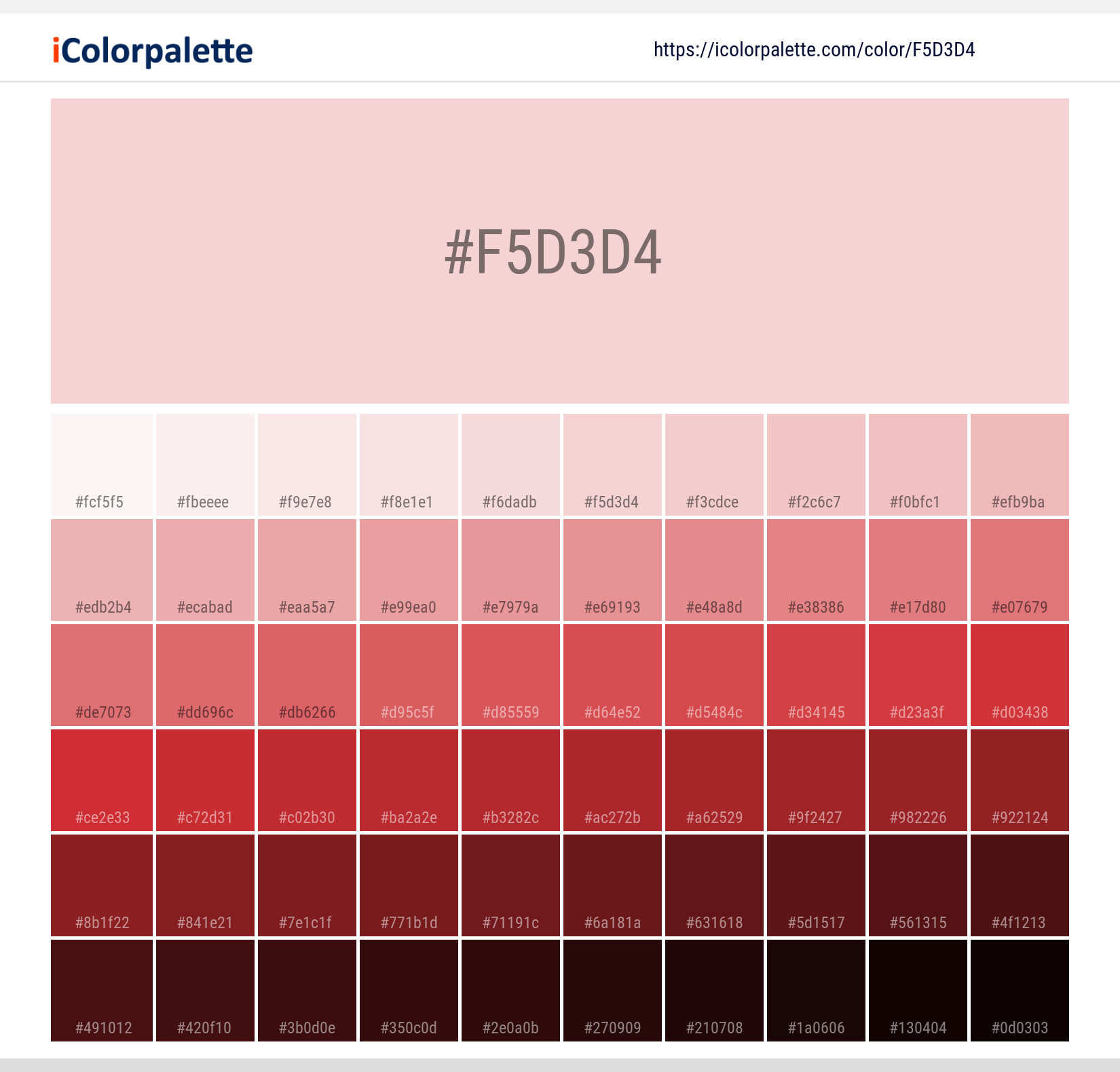 Explore a full range of light and dark shades for Pantone 12-1706 Tpg Pink Dogwood Color | Hex color Code #f5d3d4. Perfect for finding the exact tint or tone for your artwork or UI design. #colorshades #colorinspiration #webdesign #f5d3d4