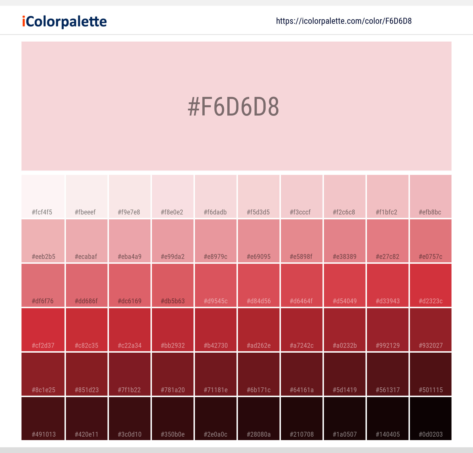 Explore a full range of light and dark shades for Pantone 12-1706 Tpx Pink Dogwood Color | Hex color Code #f6d6d8. Perfect for finding the exact tint or tone for your artwork or UI design. #colorshades #colorinspiration #webdesign #f6d6d8