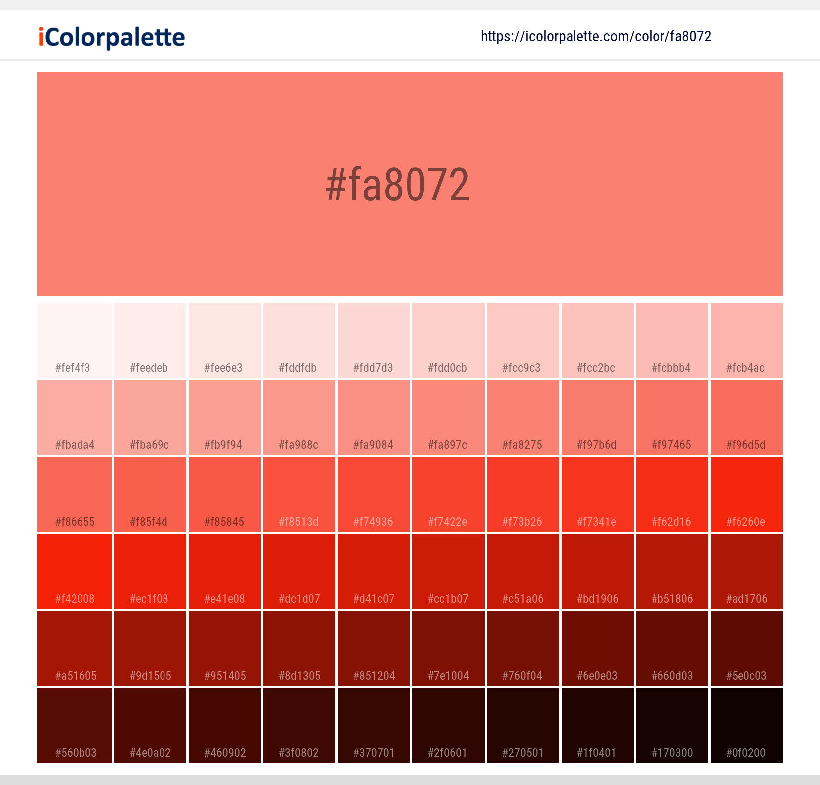 Explore a full range of light and dark shades for  Salmon Color | Hex fa8072. Perfect for finding the exact tint or tone for your artwork or UI design. #colorshades #colorinspiration #webdesign #fa8072
