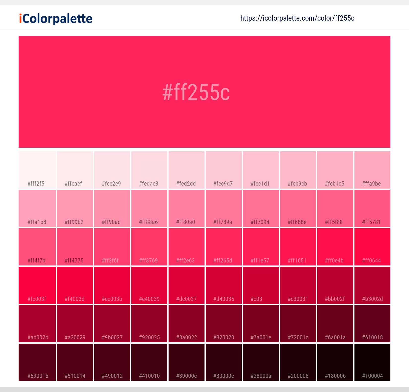 Explore a full range of light and dark shades for  Lingonberry Color | Hex ff255c. Perfect for finding the exact tint or tone for your artwork or UI design. #colorshades #colorinspiration #webdesign #ff255c