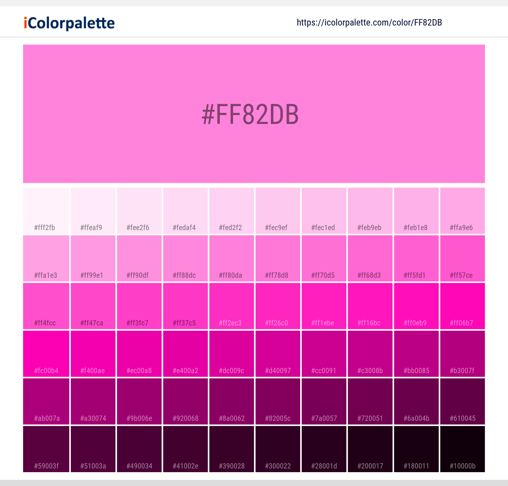 Explore a full range of light and dark shades for Pantone 927 U Color | Hex color Code #ff82db. Perfect for finding the exact tint or tone for your artwork or UI design. #colorshades #colorinspiration #webdesign #ff82db