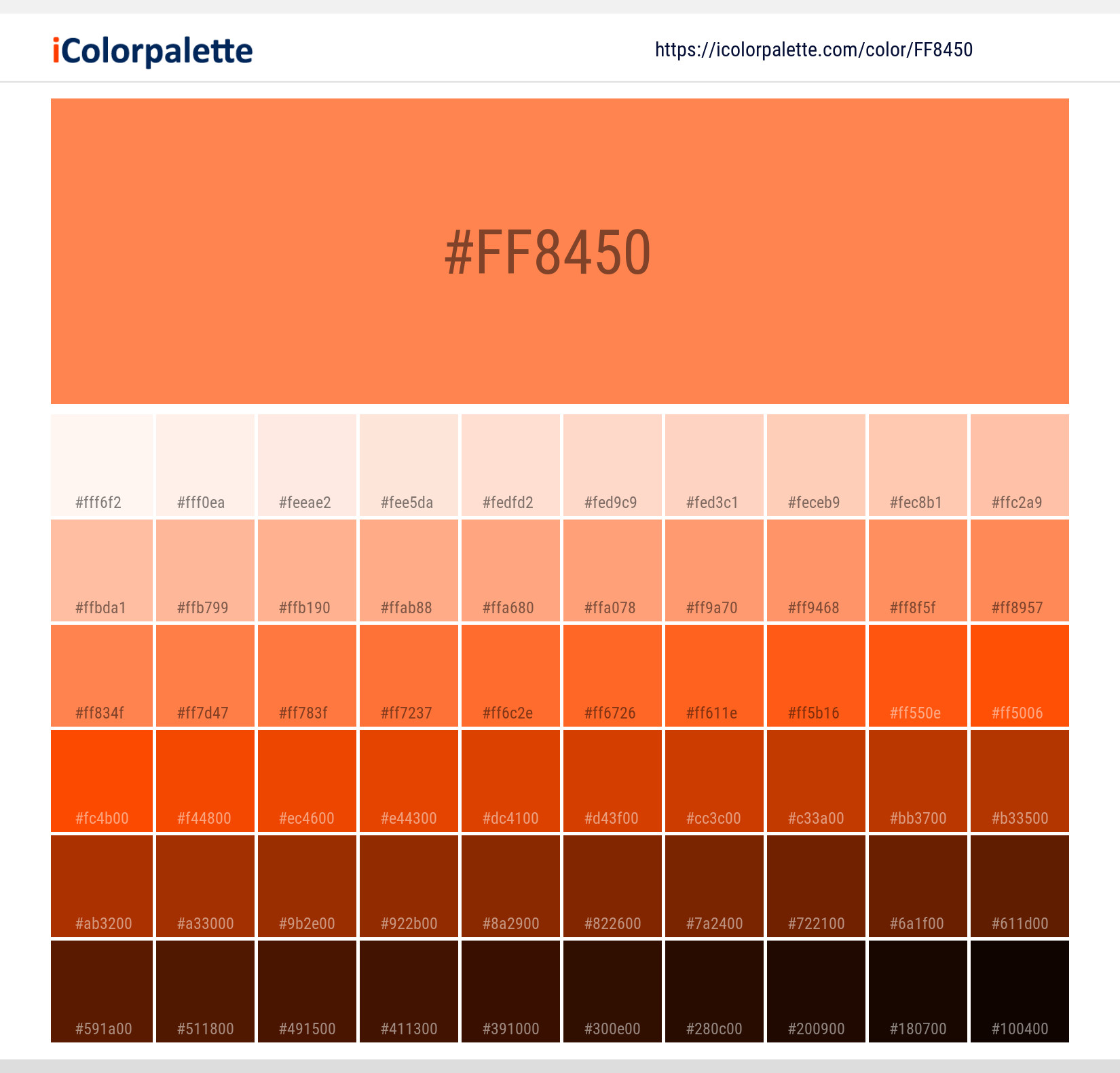 Explore a full range of light and dark shades for Pantone 1585 U Color | Hex color Code #ff8450. Perfect for finding the exact tint or tone for your artwork or UI design. #colorshades #colorinspiration #webdesign #ff8450