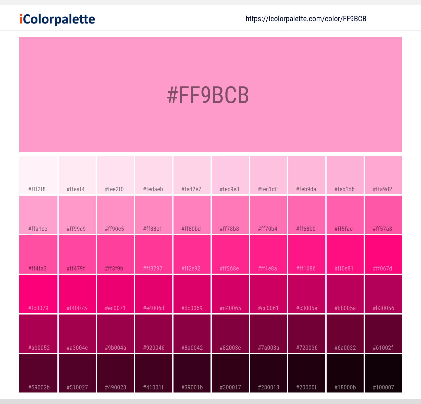 Explore a full range of light and dark shades for Pantone 933 C Color | Hex color Code #ff9bcb. Perfect for finding the exact tint or tone for your artwork or UI design. #colorshades #colorinspiration #webdesign #ff9bcb